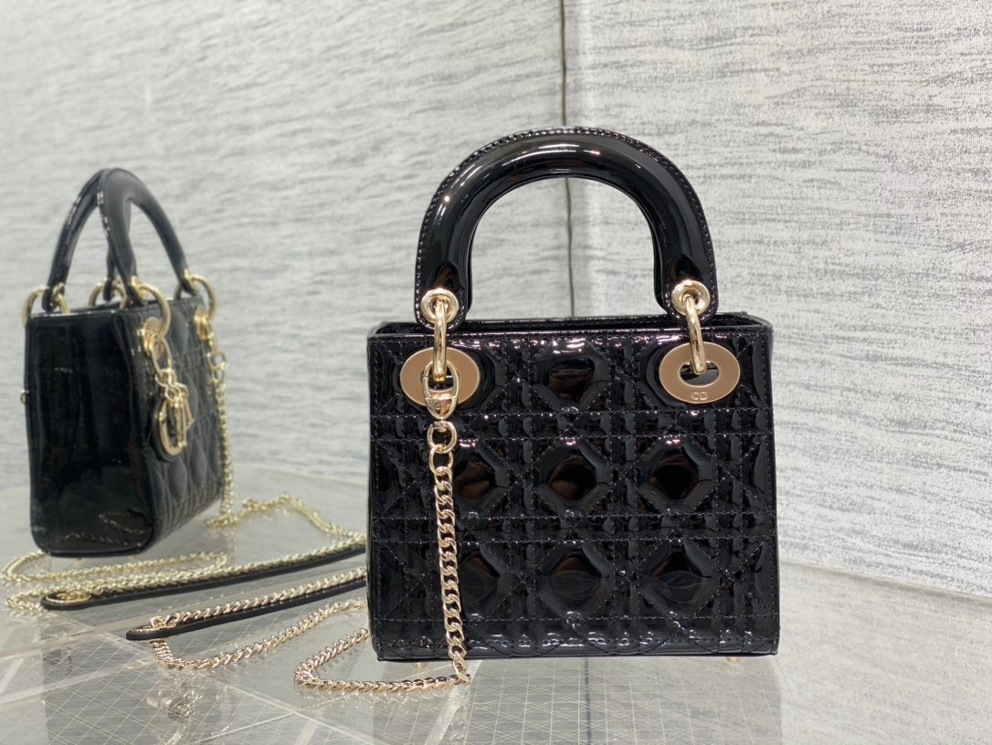 Christian Dior Mini Lady Dior Bag Black Patent Cannage Calfskin with Gold-tone Hardware