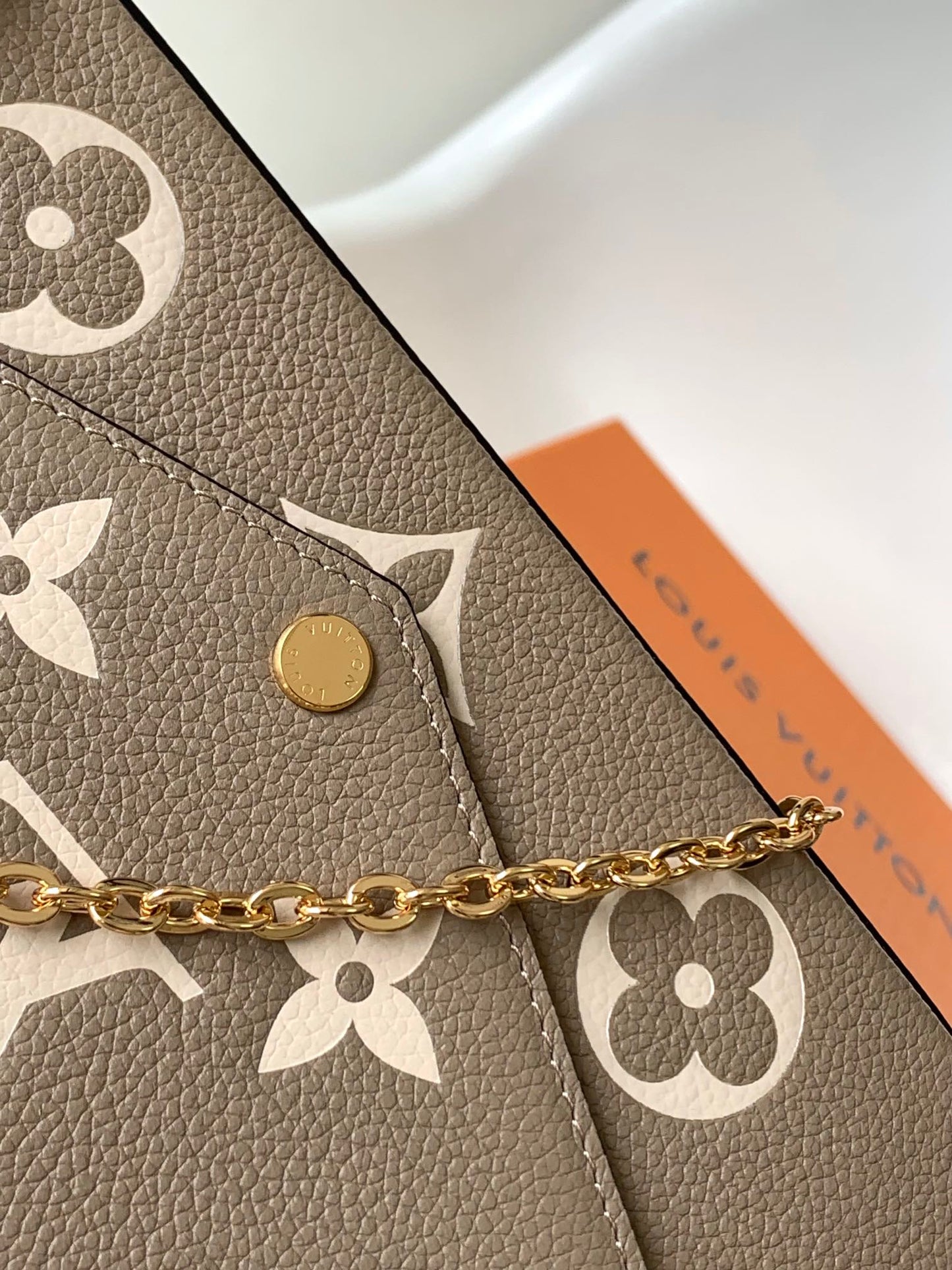 Louis Vuitton Taupe Monogram Leather Envelope Clutch Purse with Gold Chain