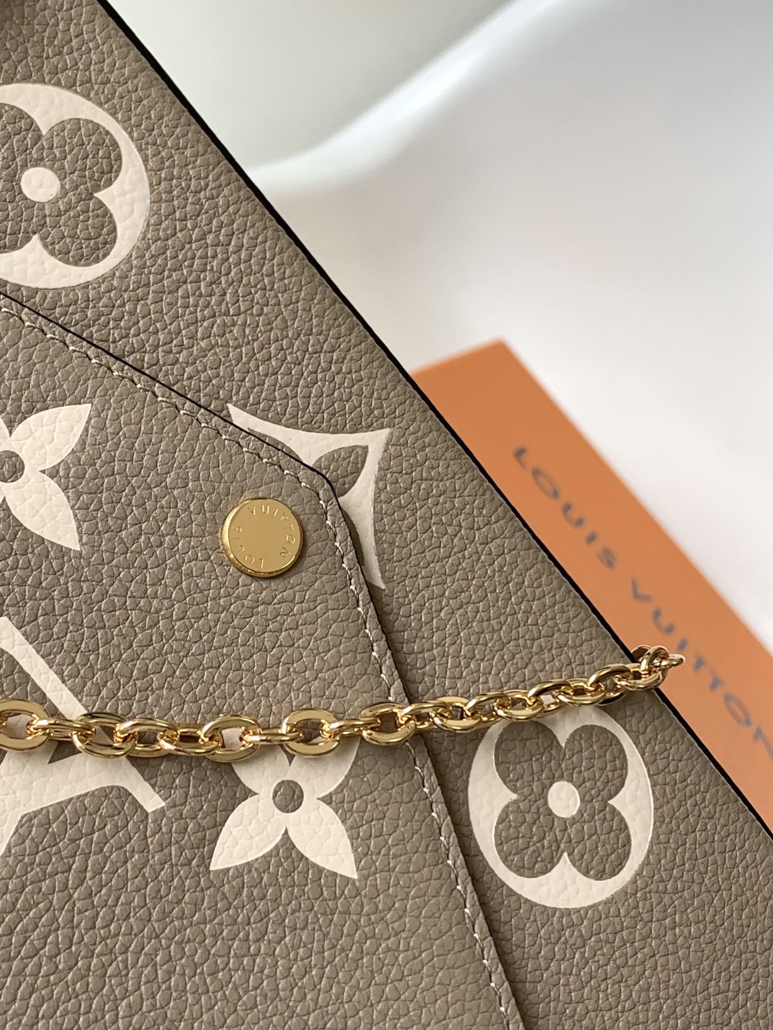 Louis Vuitton Taupe Monogram Leather Envelope Clutch Purse with Gold Chain