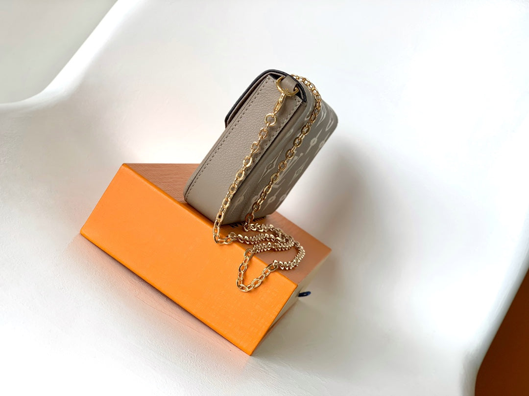 Louis Vuitton Taupe Monogram Leather Envelope Clutch Purse with Gold Chain