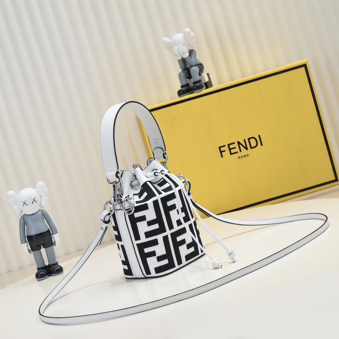 Fendi Mon Tresor Black and White FF Canvas Bucket Bag