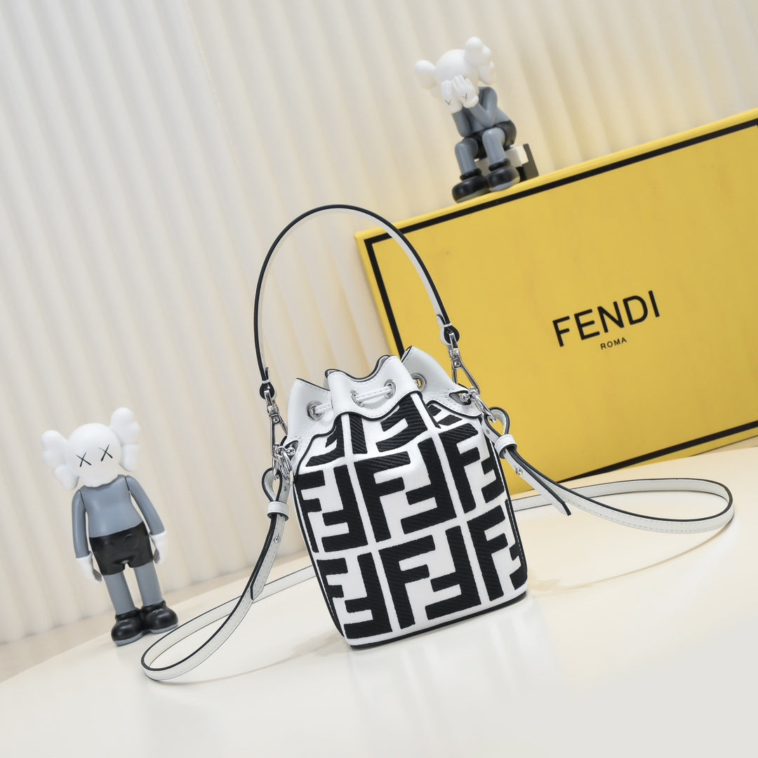 Fendi Mon Tresor Black and White FF Canvas Bucket Bag