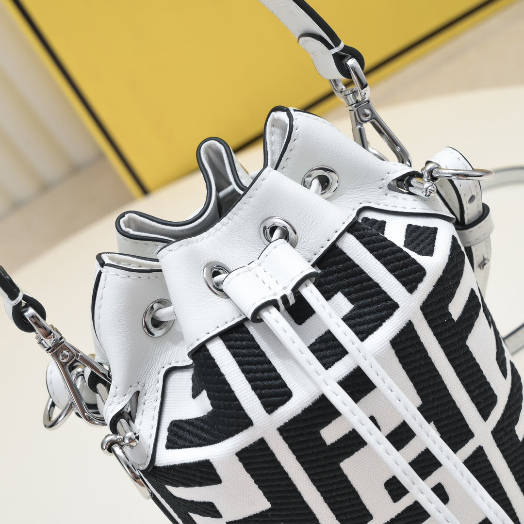 Fendi Mon Trésor FF Logo Bucket Bag - White and Black Canvas