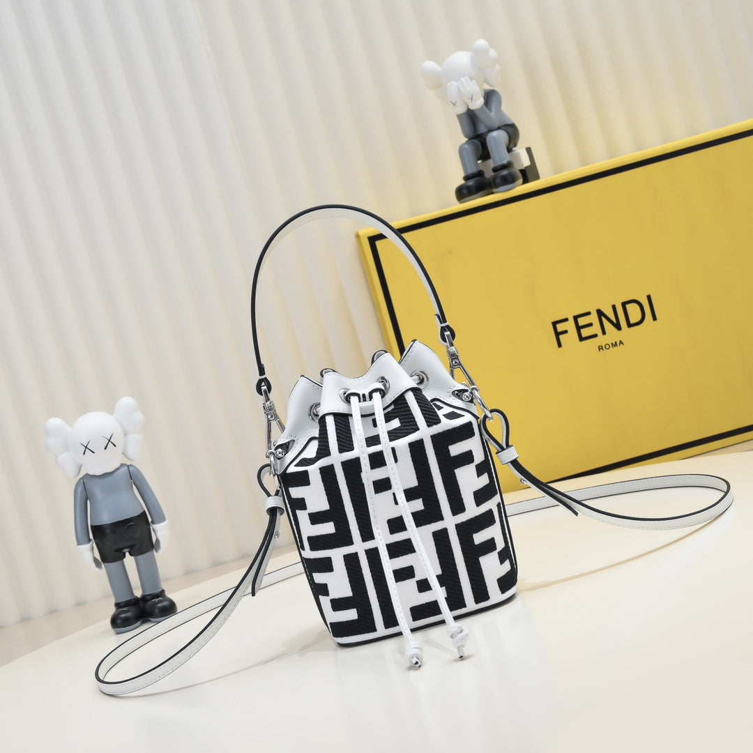 Fendi Mon Tresor Black and White FF Canvas Bucket Bag