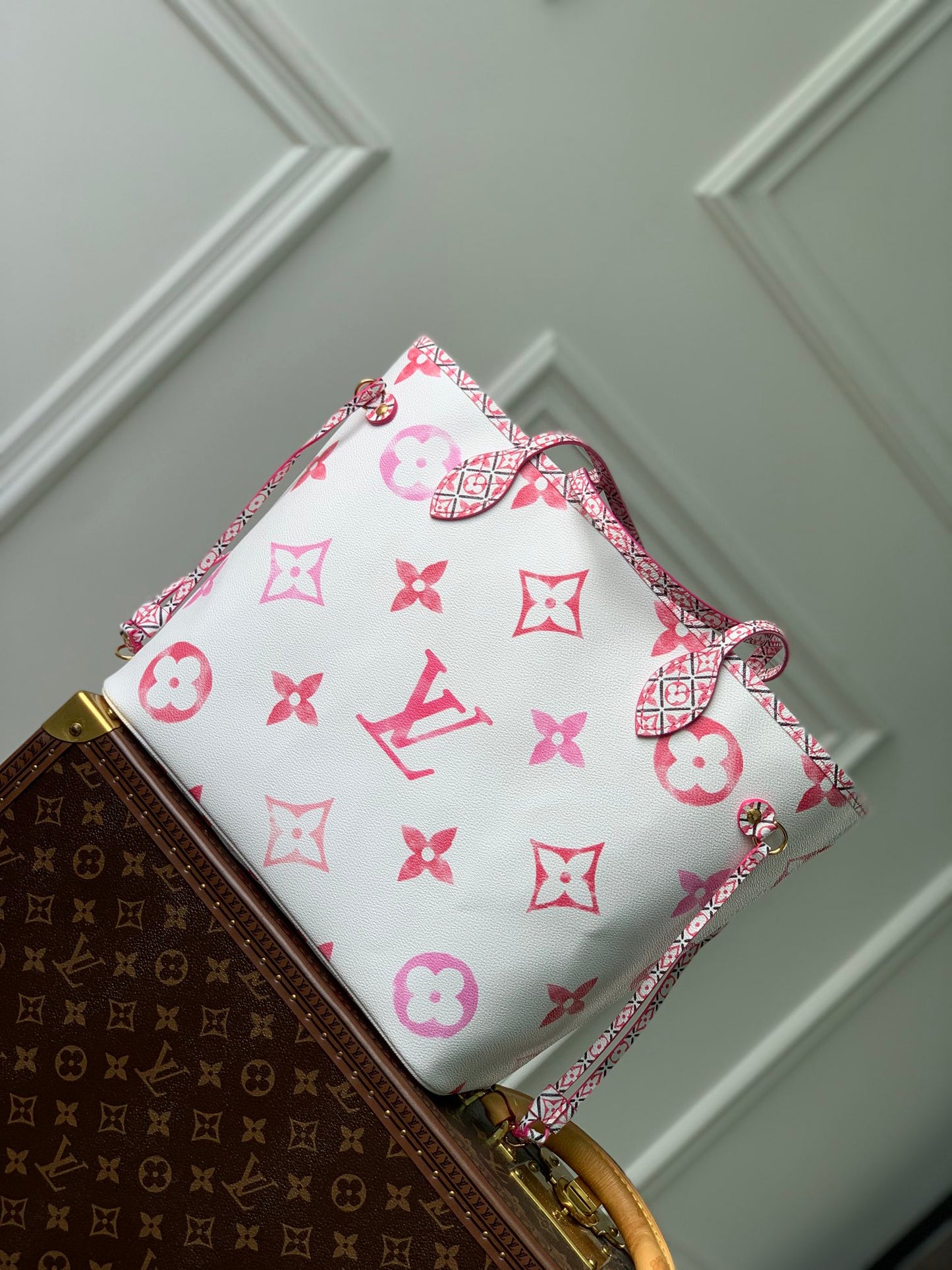 Louis Vuitton Luxury Pink Floral Monogram White Tote Bag with Drawstring Sides