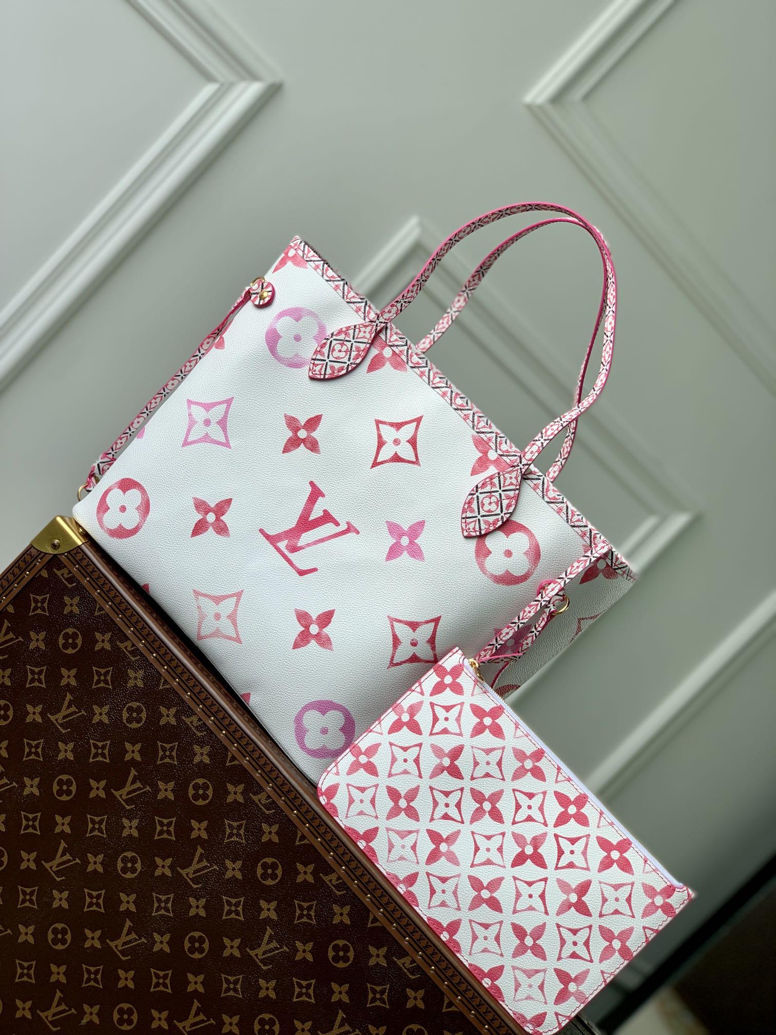 Louis Vuitton Luxury Pink Floral Monogram White Tote Bag with Drawstring Sides