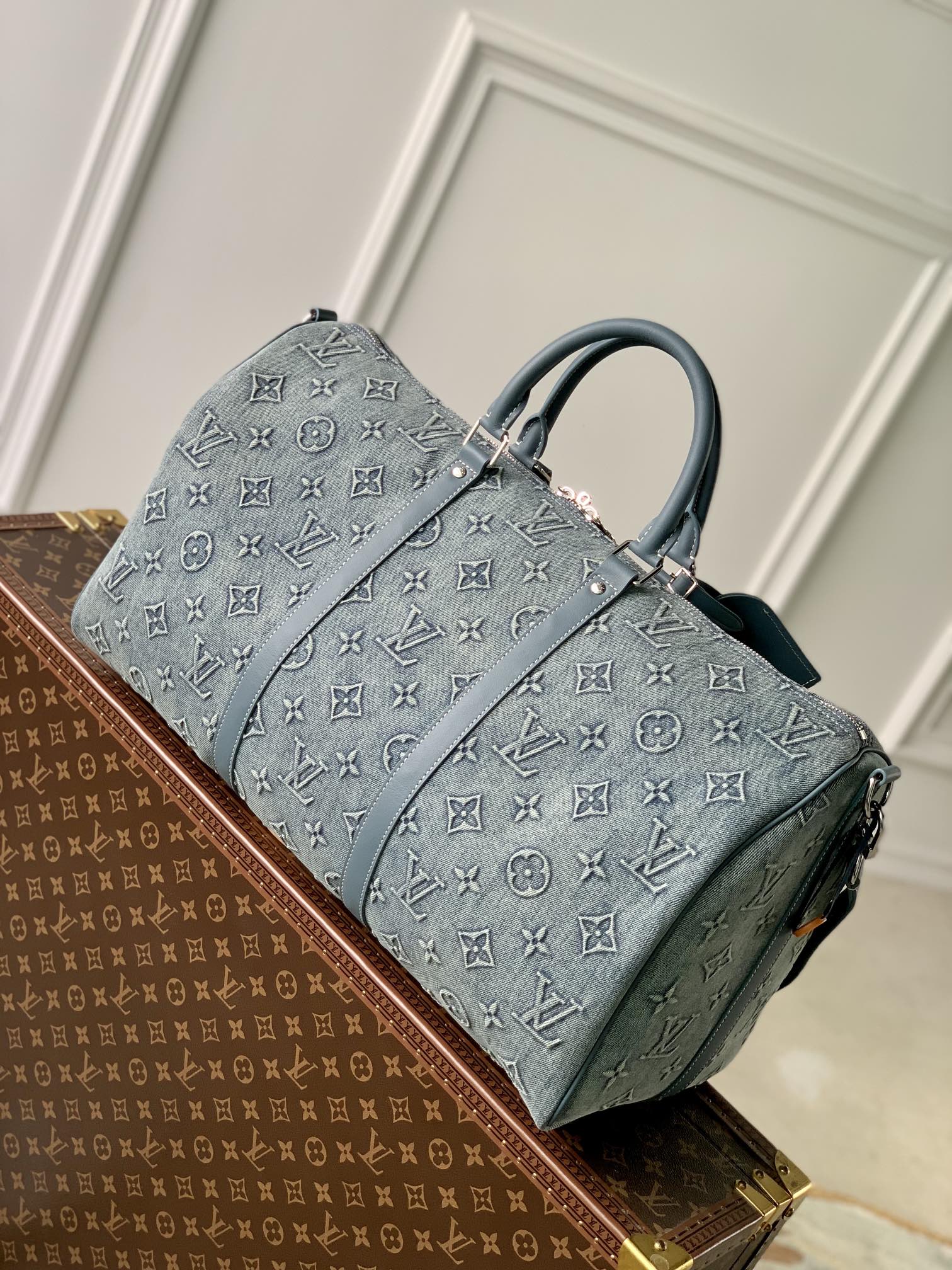 Louis Vuitton Teal Embossed Monogram Travel Duffle Bag with Shoulder Strap