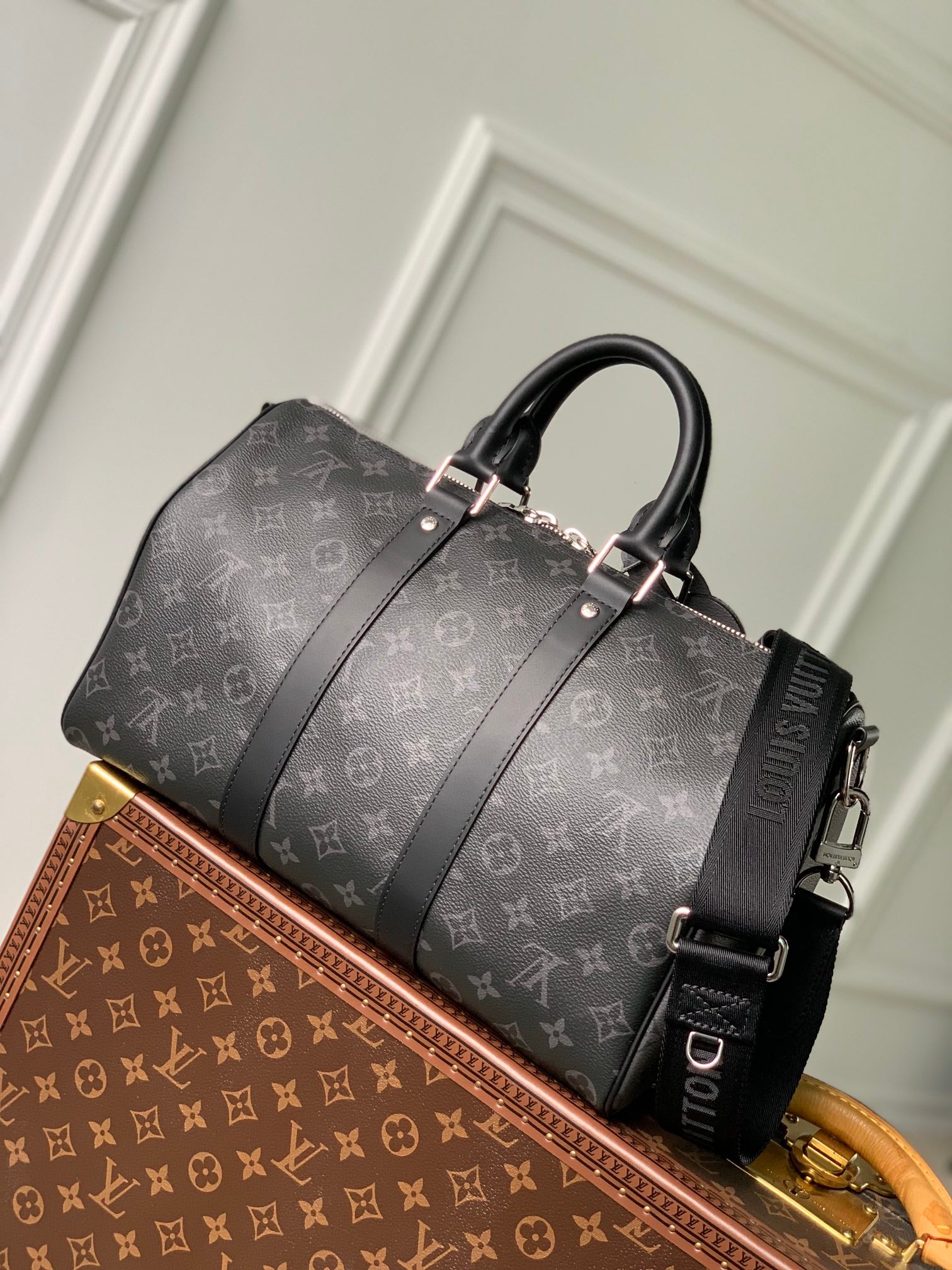 Louis Vuitton Classic Black Monogram Travel Duffle Bag with Shoulder Strap