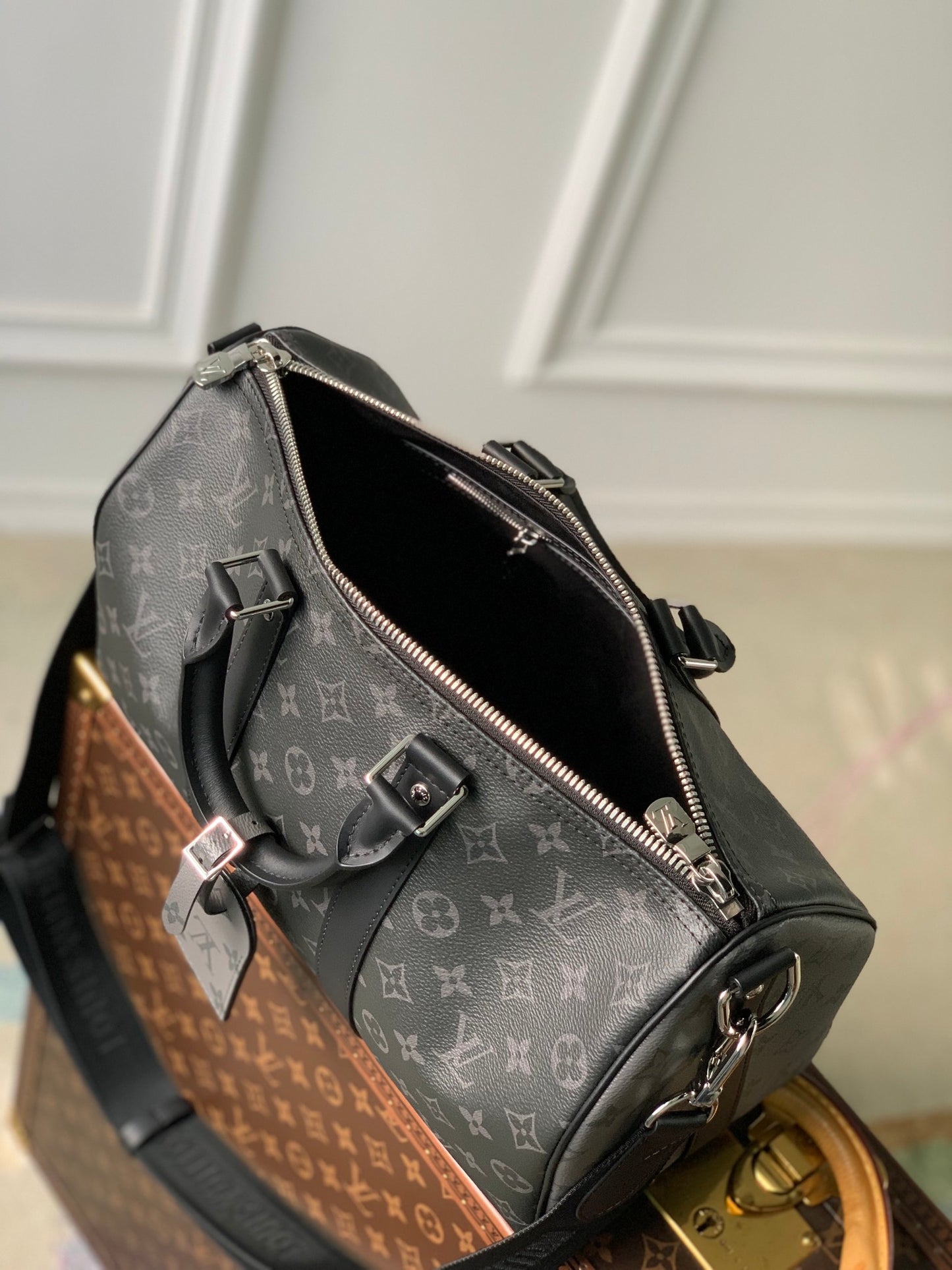 Louis Vuitton Classic Black Monogram Travel Duffle Bag with Shoulder Strap