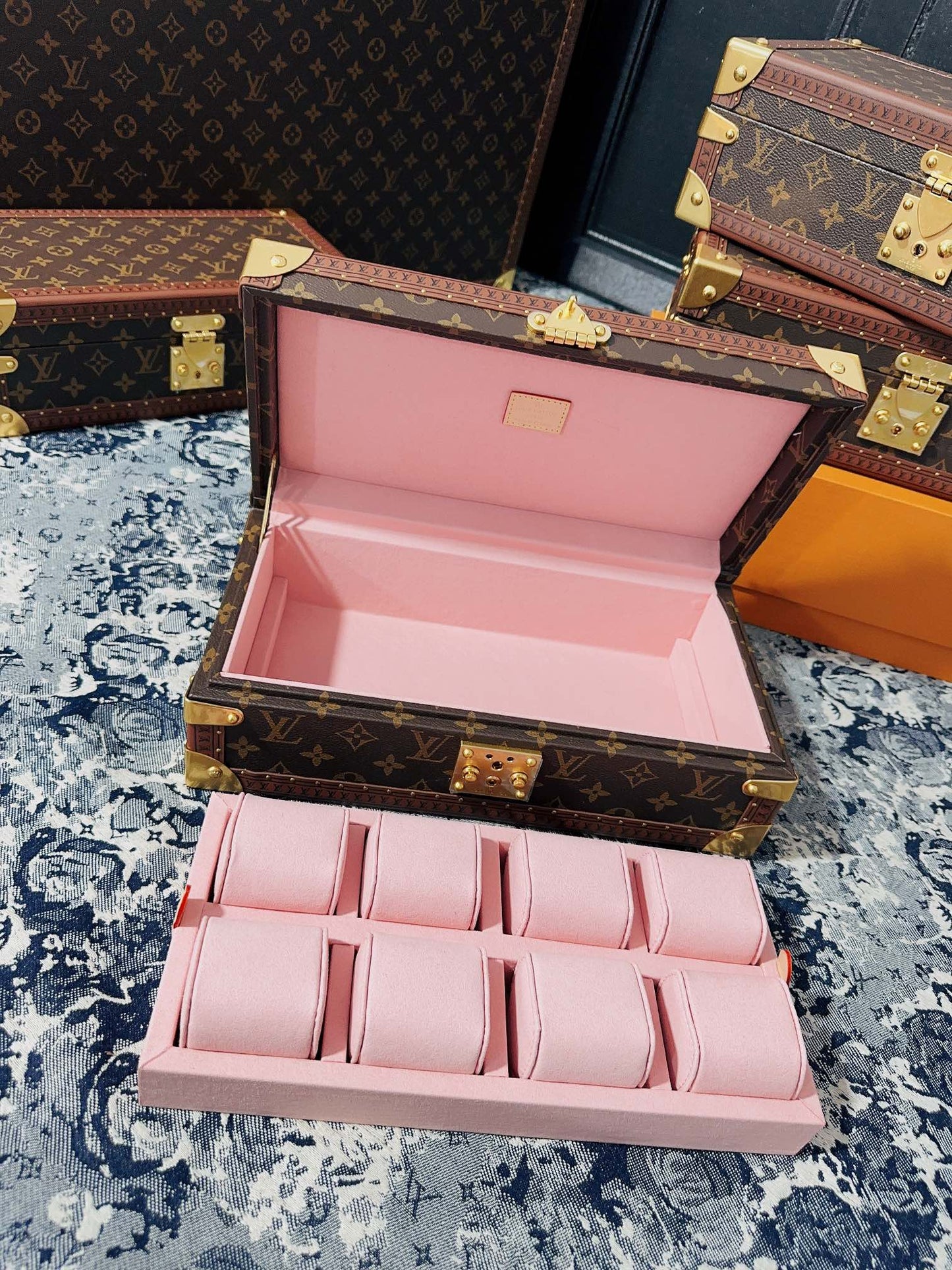 Vintage Monogram Canvas 8-Slot Watch Box Organizer with Pink Lining