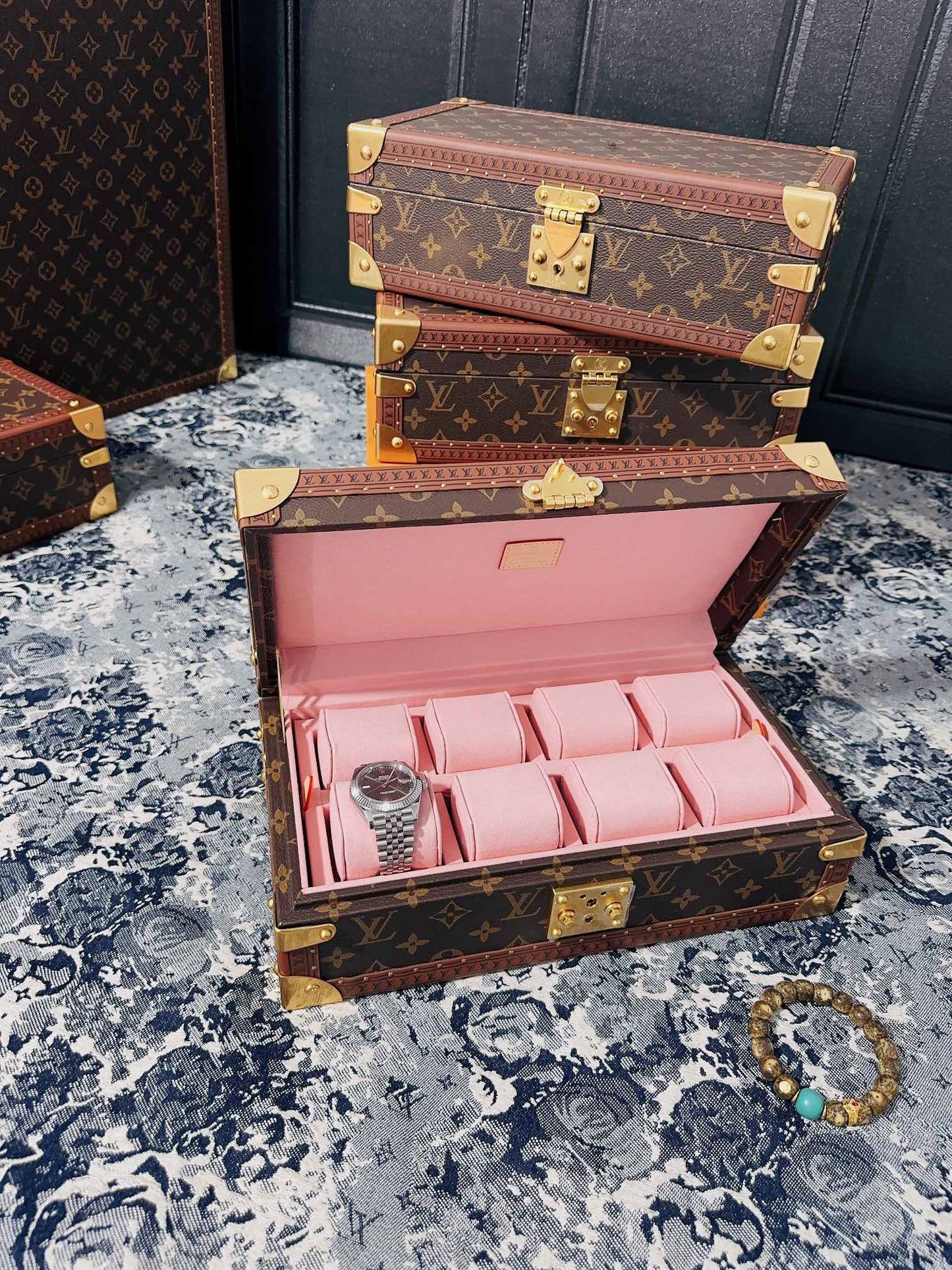Vintage Monogram Canvas 8-Slot Watch Box Organizer with Pink Lining