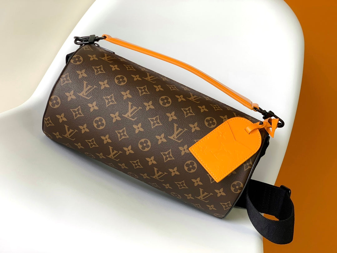 Louis Vuitton Monogram Print Canvas Shoulder Bag with Orange Leather Strap