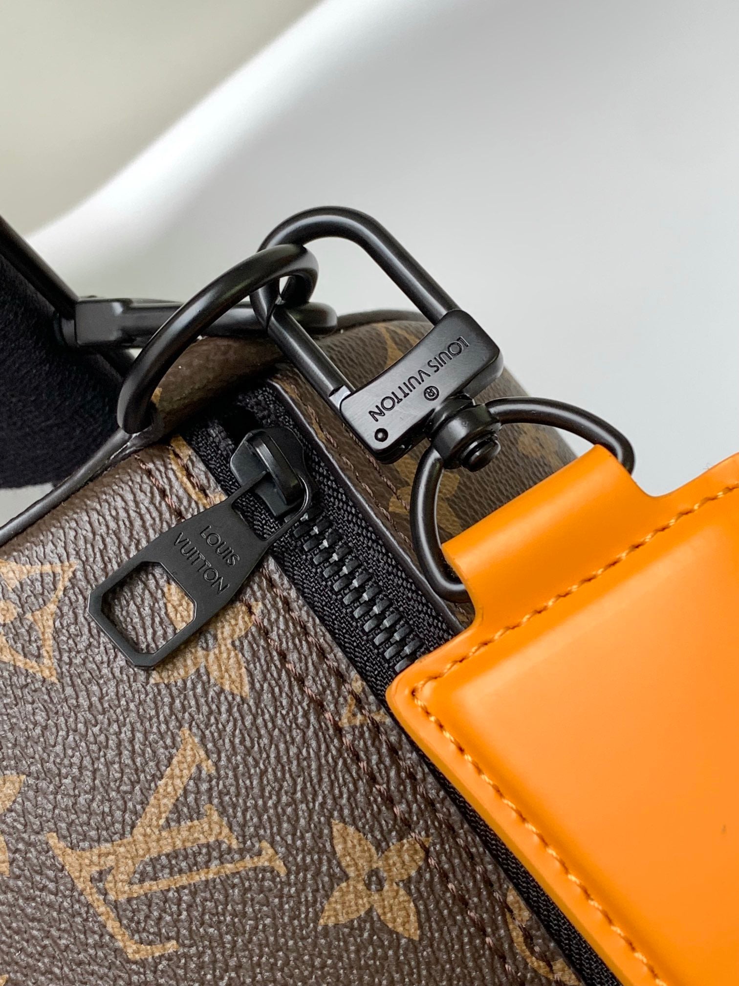 Louis Vuitton Monogram Print Canvas Shoulder Bag with Orange Leather Strap