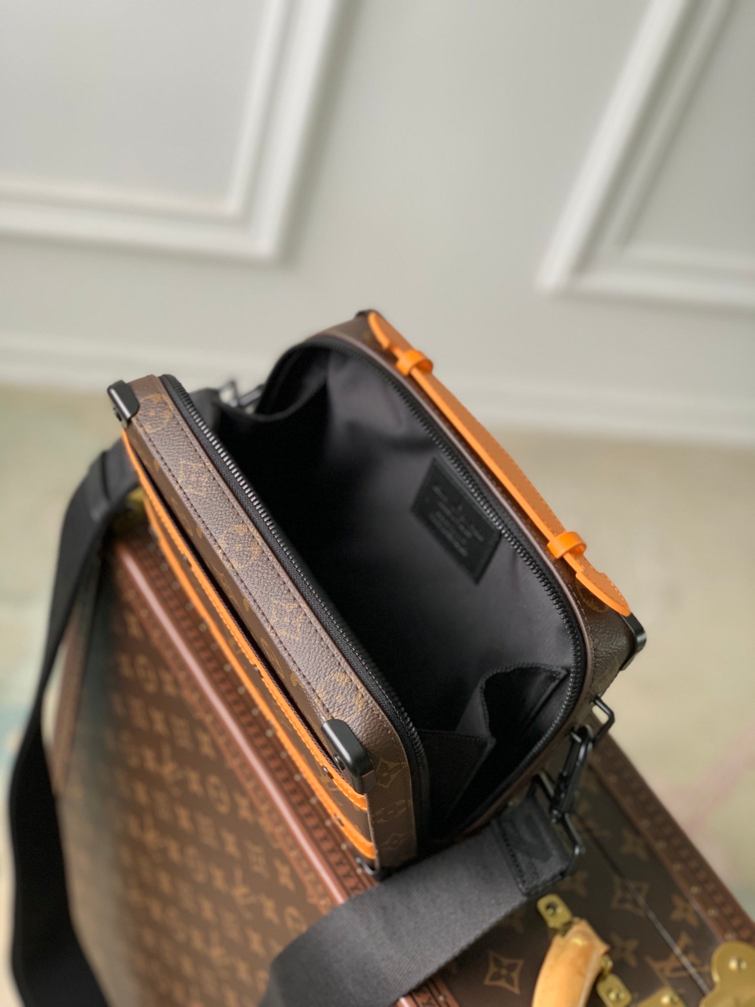 Louis Vuitton Vintage Monogram Pattern Trunk Messenger Bag with Orange Trim