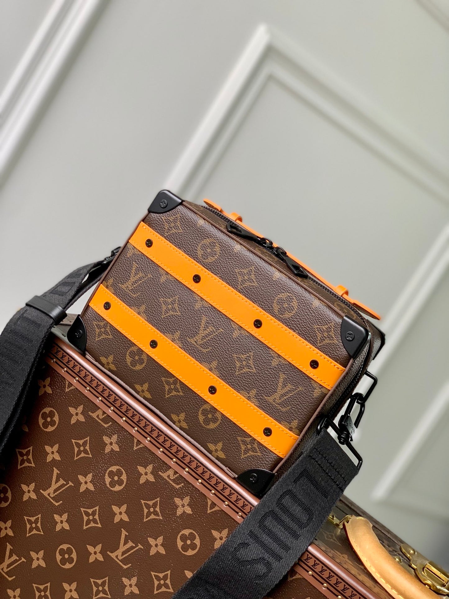 Louis Vuitton Vintage Monogram Pattern Trunk Messenger Bag with Orange Trim