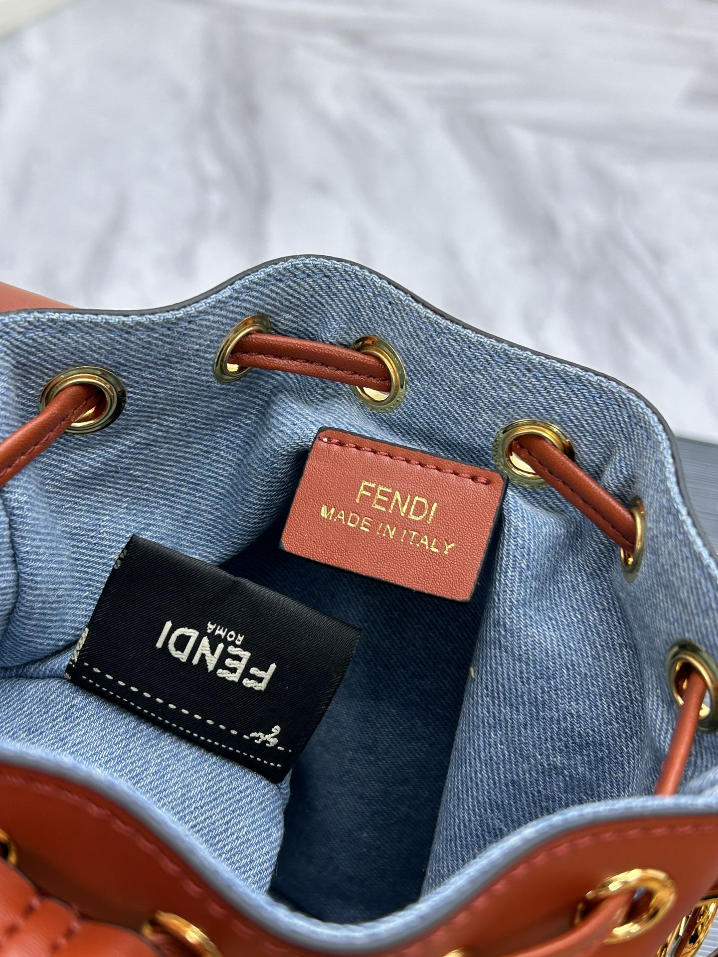 Designer Style Mini Monogram Bucket Bag - Blue Canvas &amp; Brown Leather - 18cm