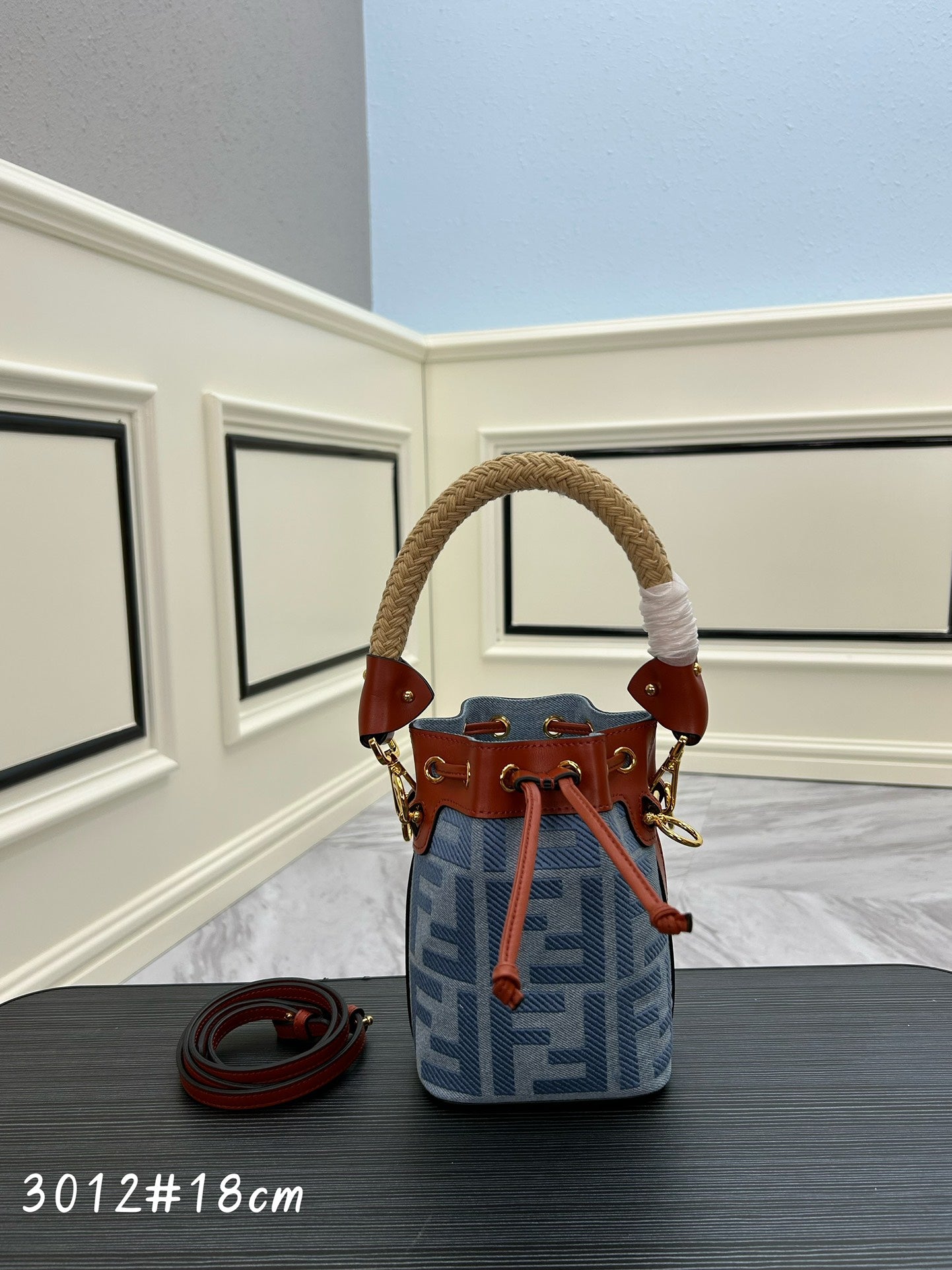Designer Style Mini Monogram Bucket Bag - Blue Canvas &amp; Brown Leather - 18cm