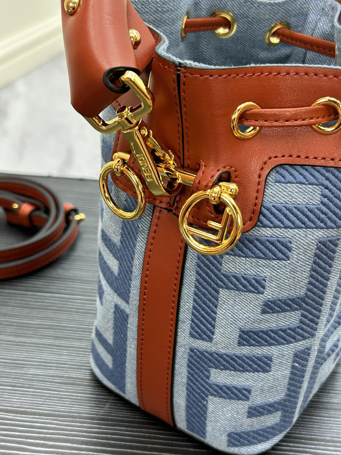 Designer Style Mini Monogram Bucket Bag - Blue Canvas &amp; Brown Leather - 18cm
