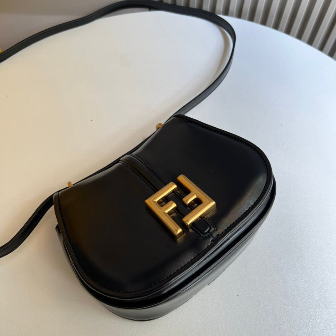 Fendi C'mon Small Black Leather Shoulder Bag with Gold Hardware