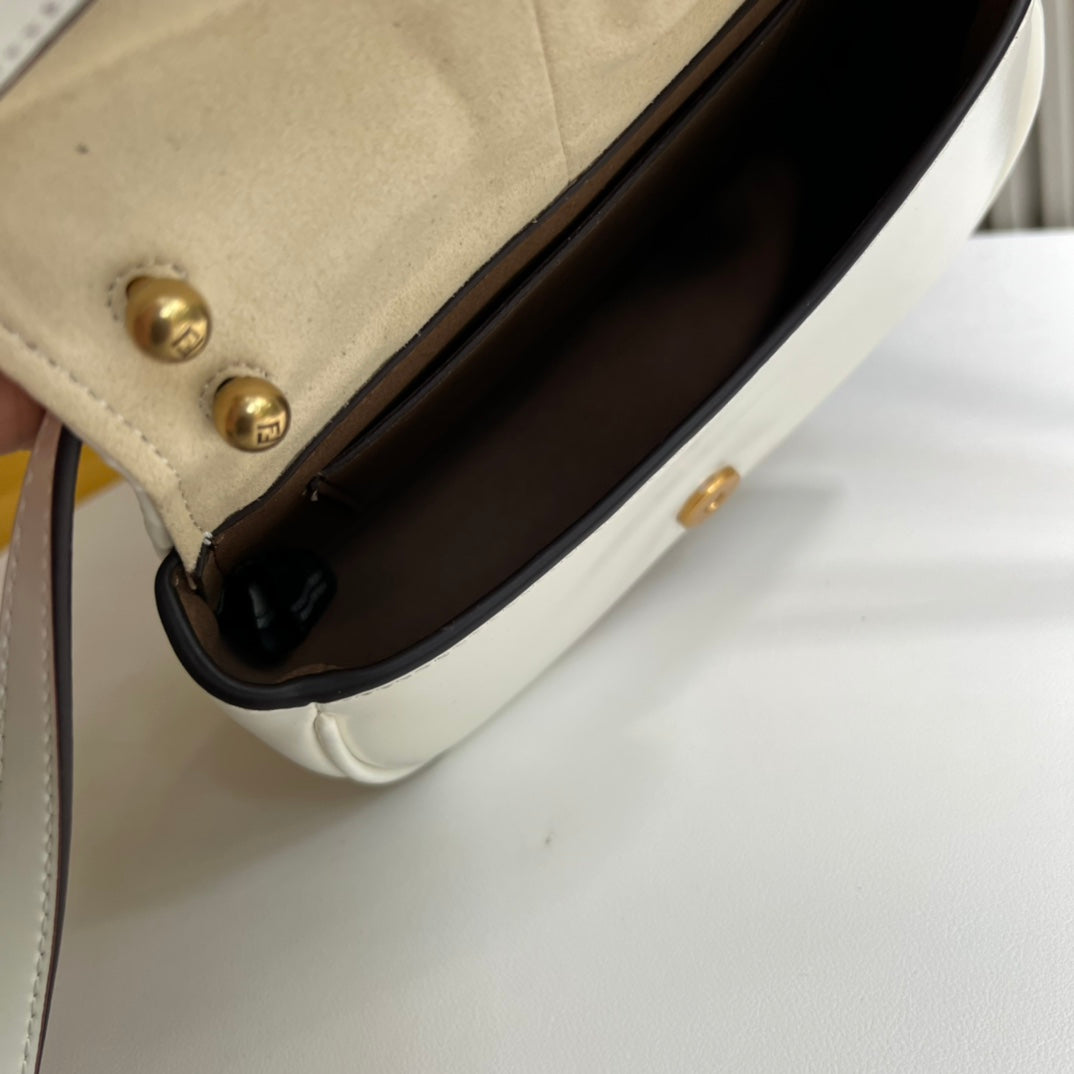 Fendi C'mon Small White Leather Shoulder Bag with Gold FF Logo