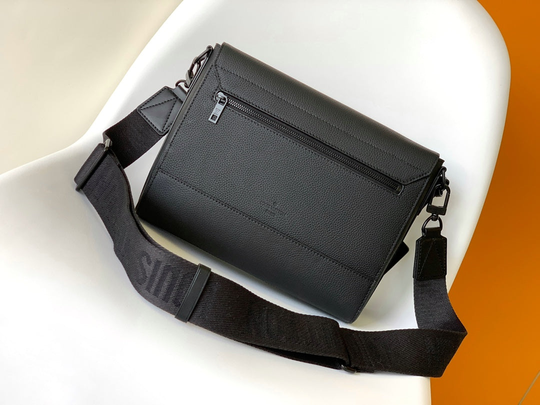 Louis Vuitton Minimalist Black Leather Messenger Bag with Wide Crossbody Strap