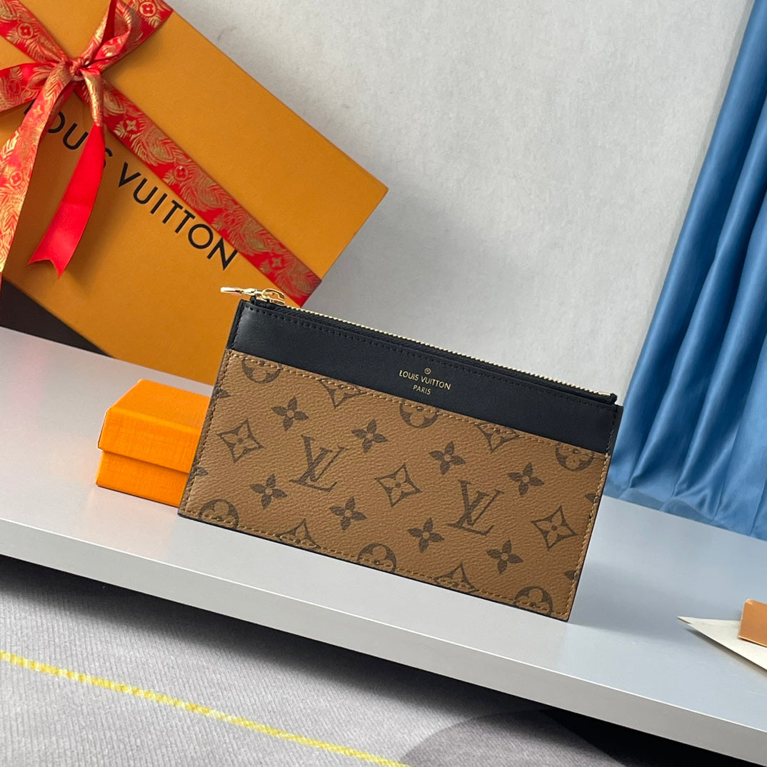 Louis Vuitton Classic Brown Monogram Print Slim Wallet with Black Leather Trim