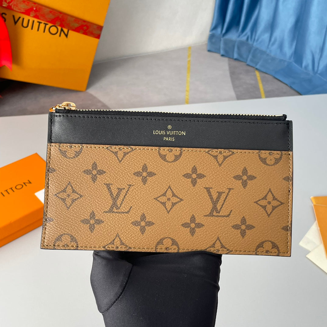 Louis Vuitton Classic Brown Monogram Print Slim Wallet with Black Leather Trim