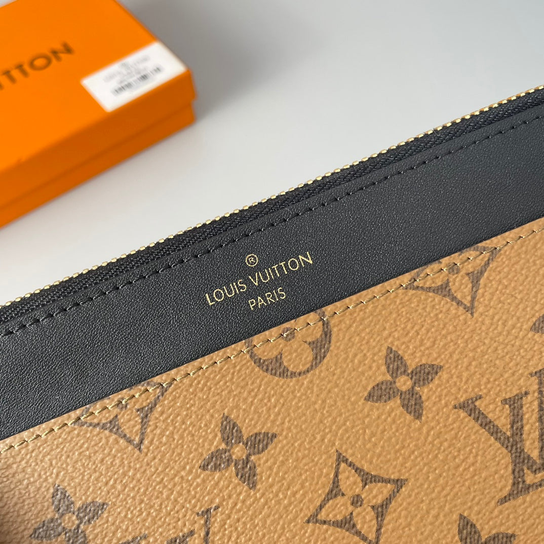 Louis Vuitton Classic Brown Monogram Print Slim Wallet with Black Leather Trim
