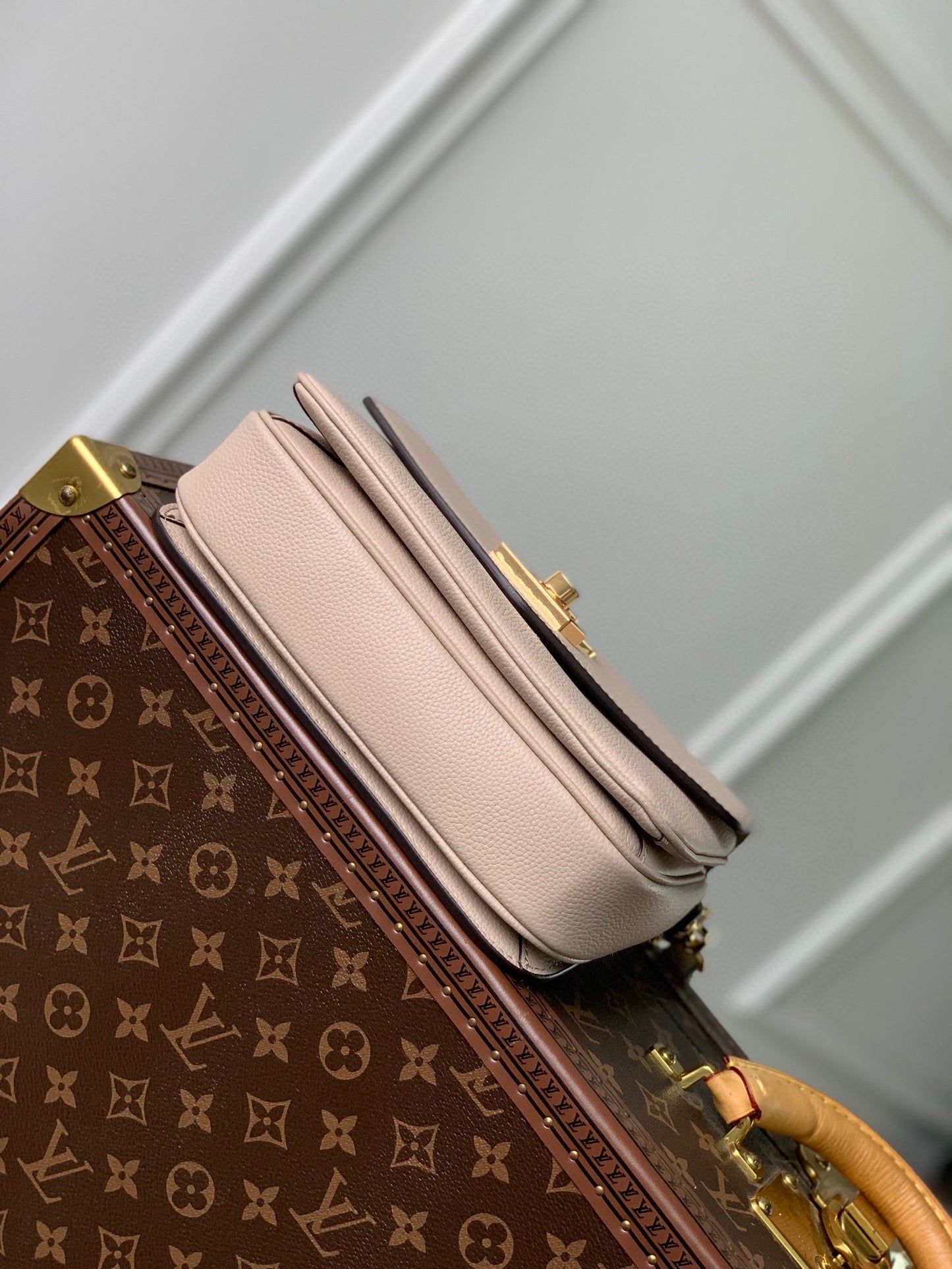 Louis Vuitton Blush Pink Envelope Crossbody Bag with Gold Chain and Wide Strap