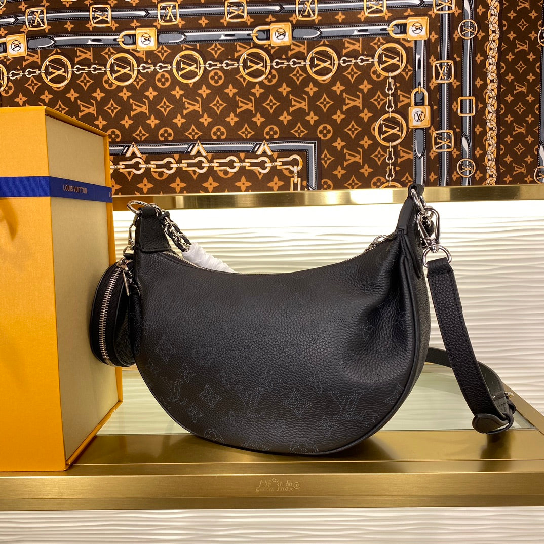 Louis Vuitton Black Embossed Crescent Shoulder Bag with Silver Chain and Coin Purse