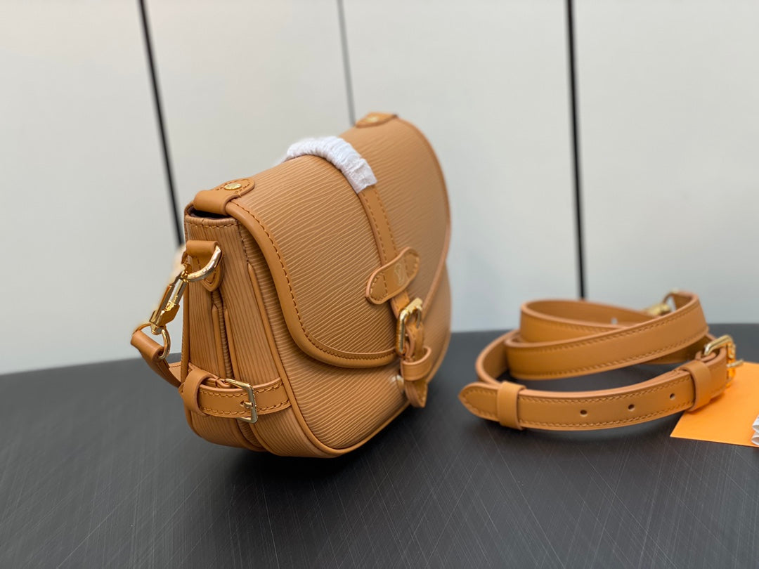 Louis Vuitton Classic Tan Leather Saddle Crossbody Bag with Buckle Detail