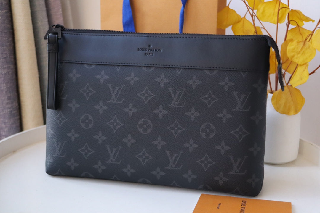 Louis Vuitton Elegant Black Monogram Pattern Zippered Pouch Clutch Bag