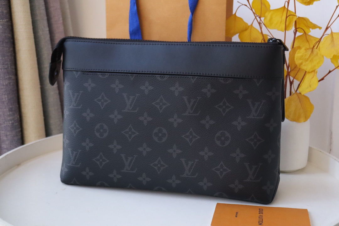 Louis Vuitton Elegant Black Monogram Pattern Zippered Pouch Clutch Bag