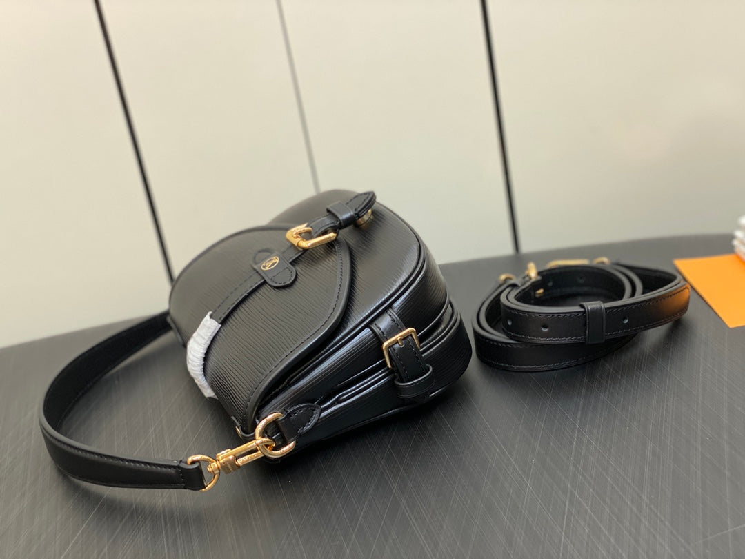 Louis Vuitton Classic Black Leather Crossbody Shoulder Bag with Gold Buckle