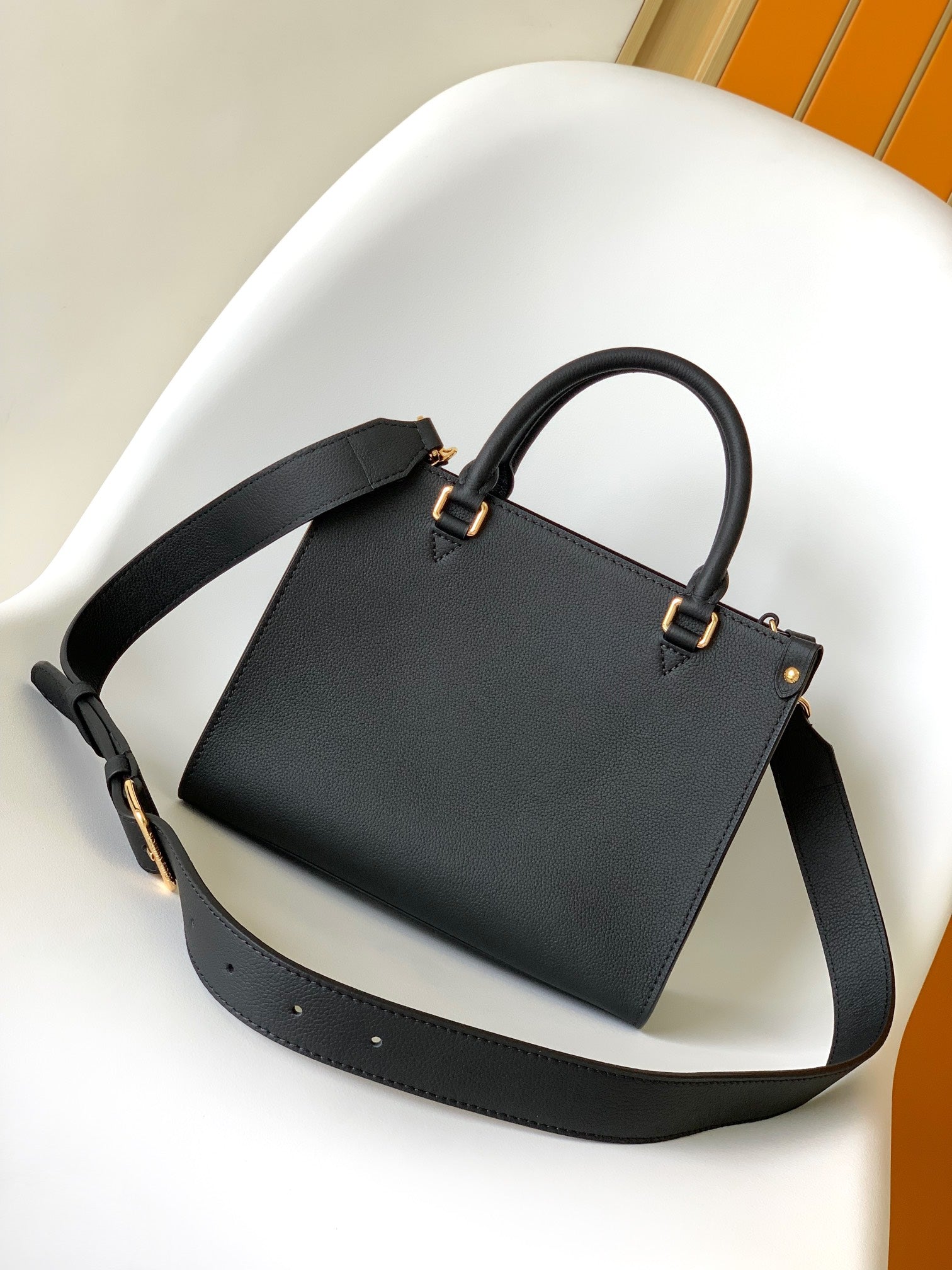 Louis Vuitton Black Textured Leather Top Handle Tote Bag with Gold Hardware