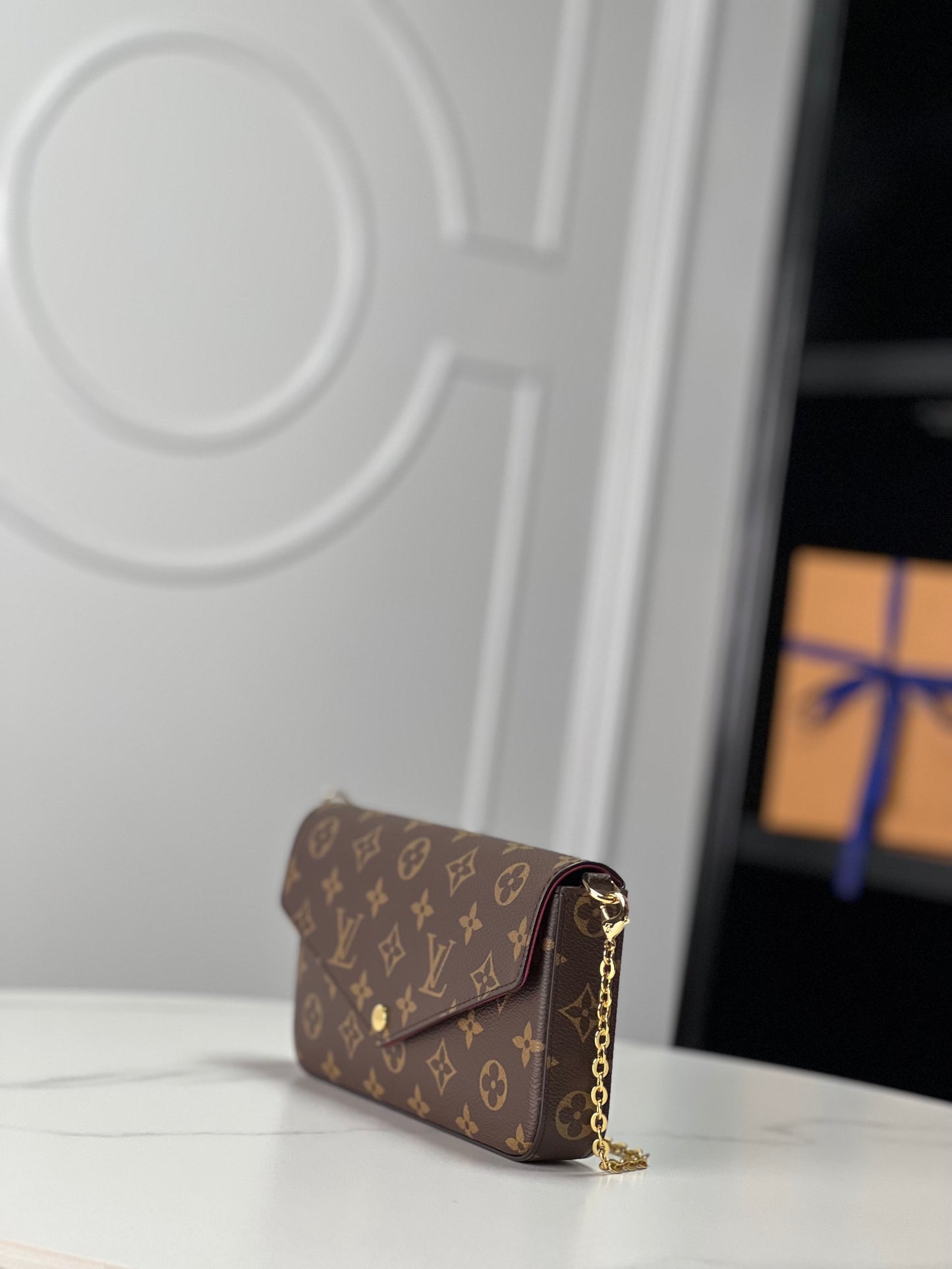 Louis Vuitton Classic Brown Monogram Envelope Clutch Bag with Gold Chain Strap