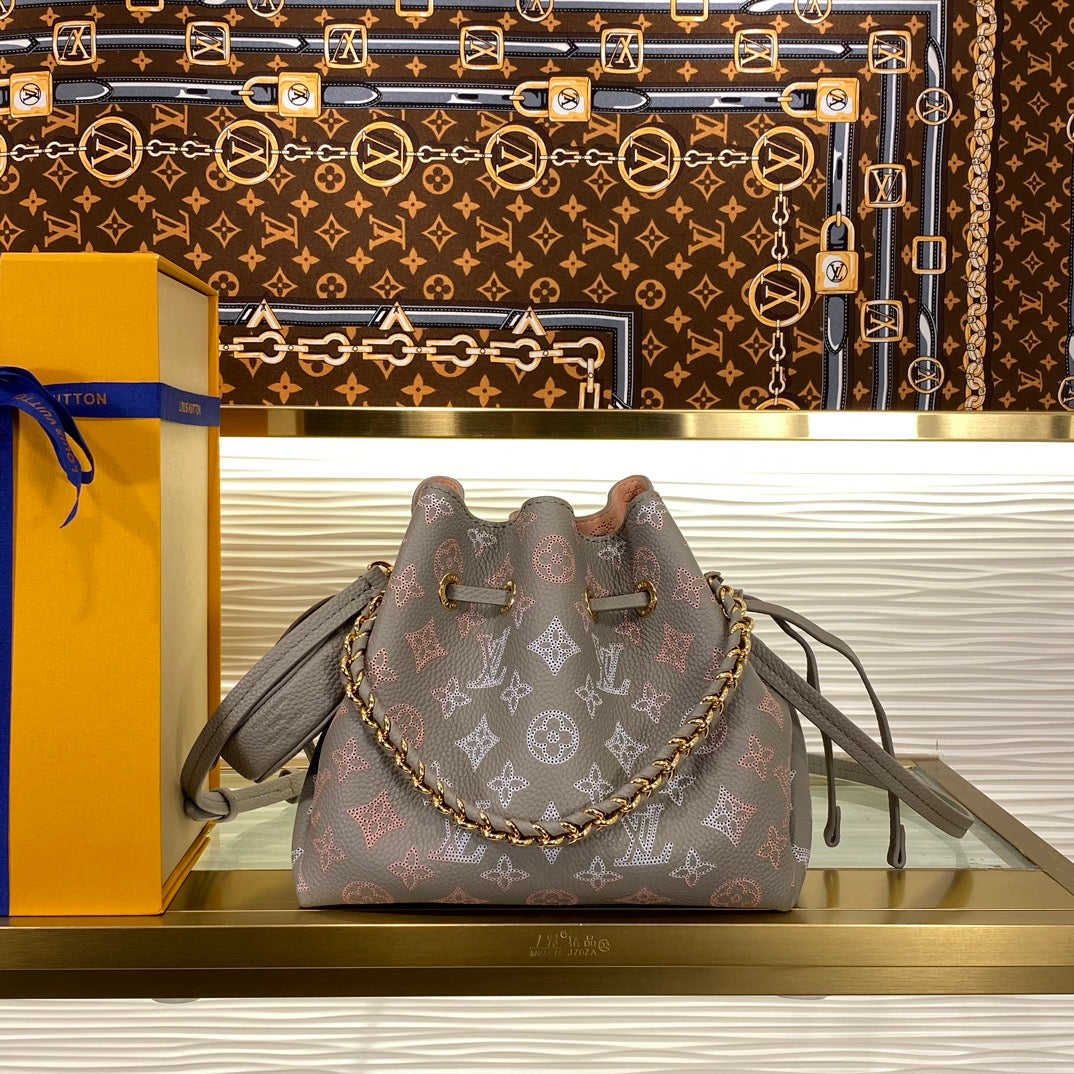 Louis Vuitton Elegant Taupe Monogram Bucket Bag with Gold Chain and Coin Purse