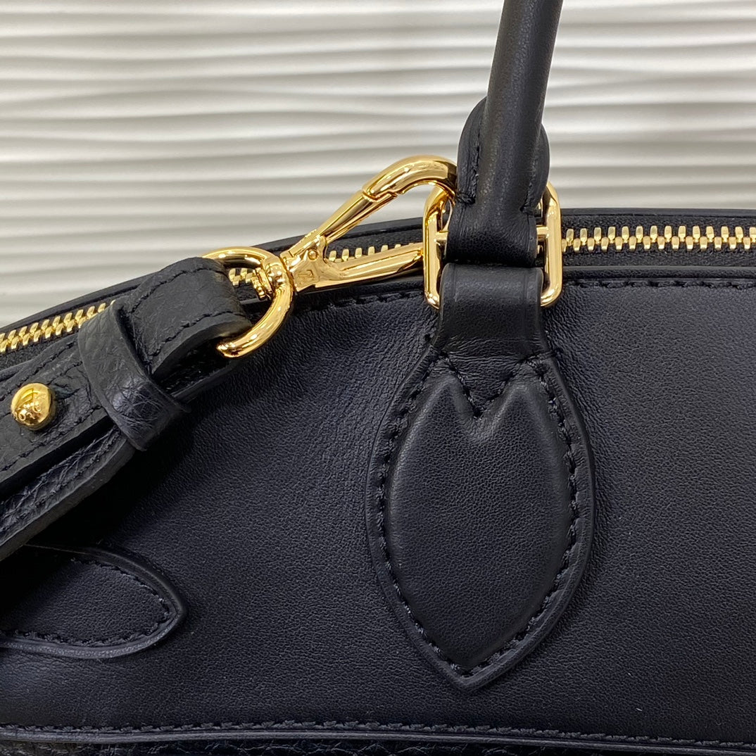 Louis Vuitton Classic Black Leather Satchel Handbag with Gold Hardware