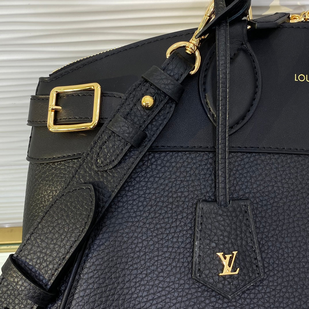 Louis Vuitton Classic Black Leather Satchel Handbag with Gold Hardware