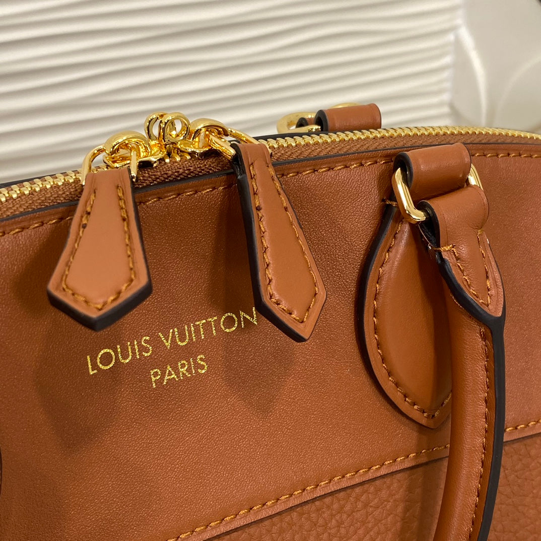 Louis Vuitton Classic Brown Leather Satchel Handbag with Crossbody Strap