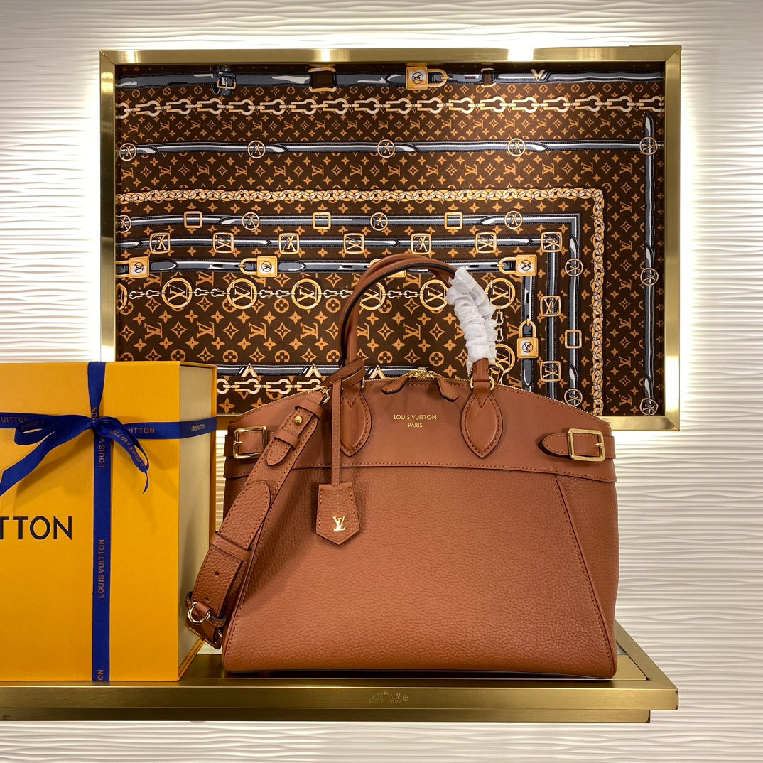 Louis Vuitton Classic Brown Leather Satchel Handbag with Crossbody Strap