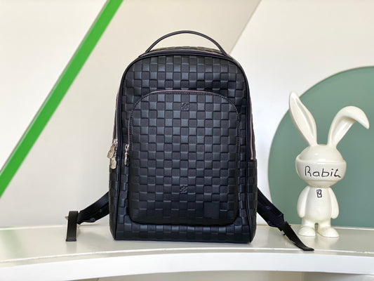 Men's Black Woven Pattern Leather Backpack - Large Capacity Business & Travel Bag