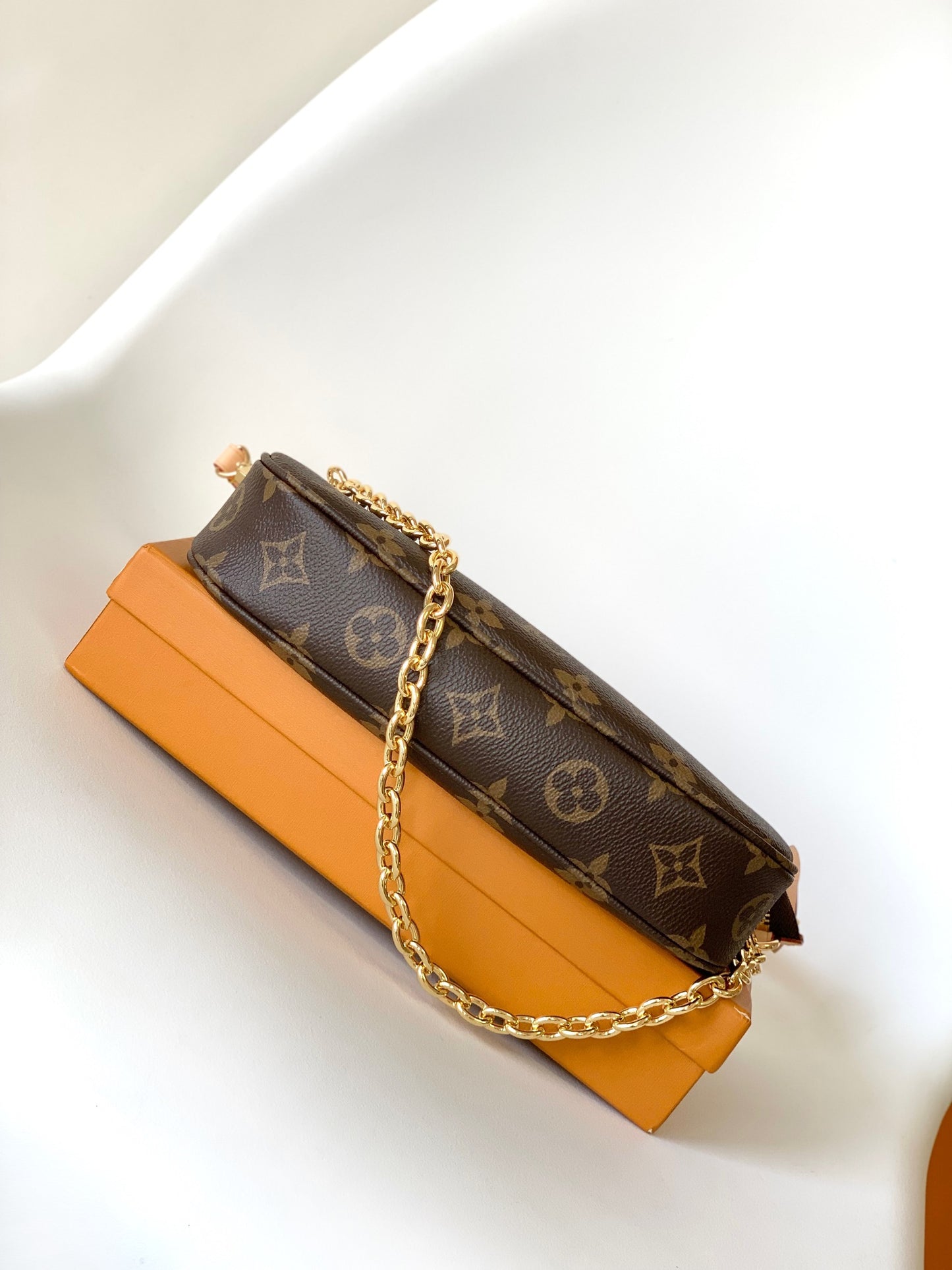 Louis Vuitton Brown Monogram Canvas Pochette Shoulder Bag with Gold Chain
