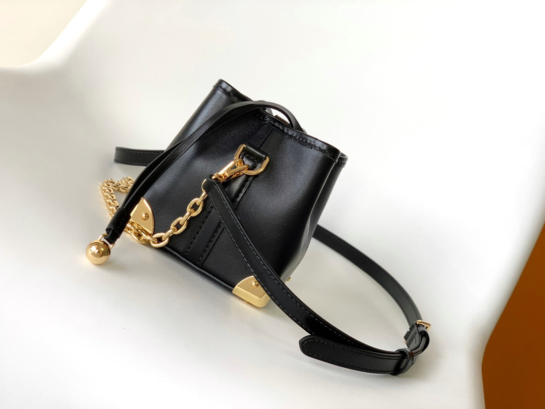 Louis Vuitton Luxury Black Leather Bucket Crossbody Bag with Gold Hardware