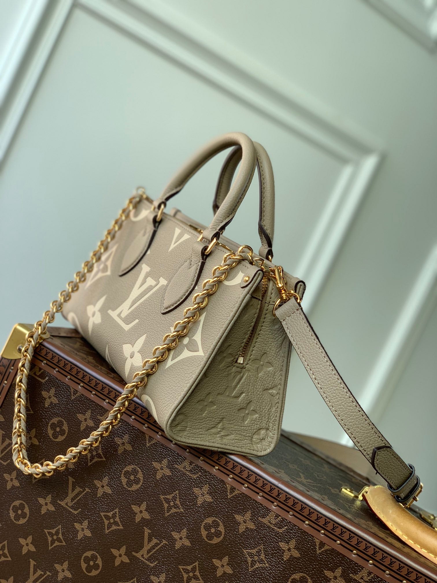 Louis Vuitton Taupe Embossed Leather Top Handle Handbag with Gold Chain Strap