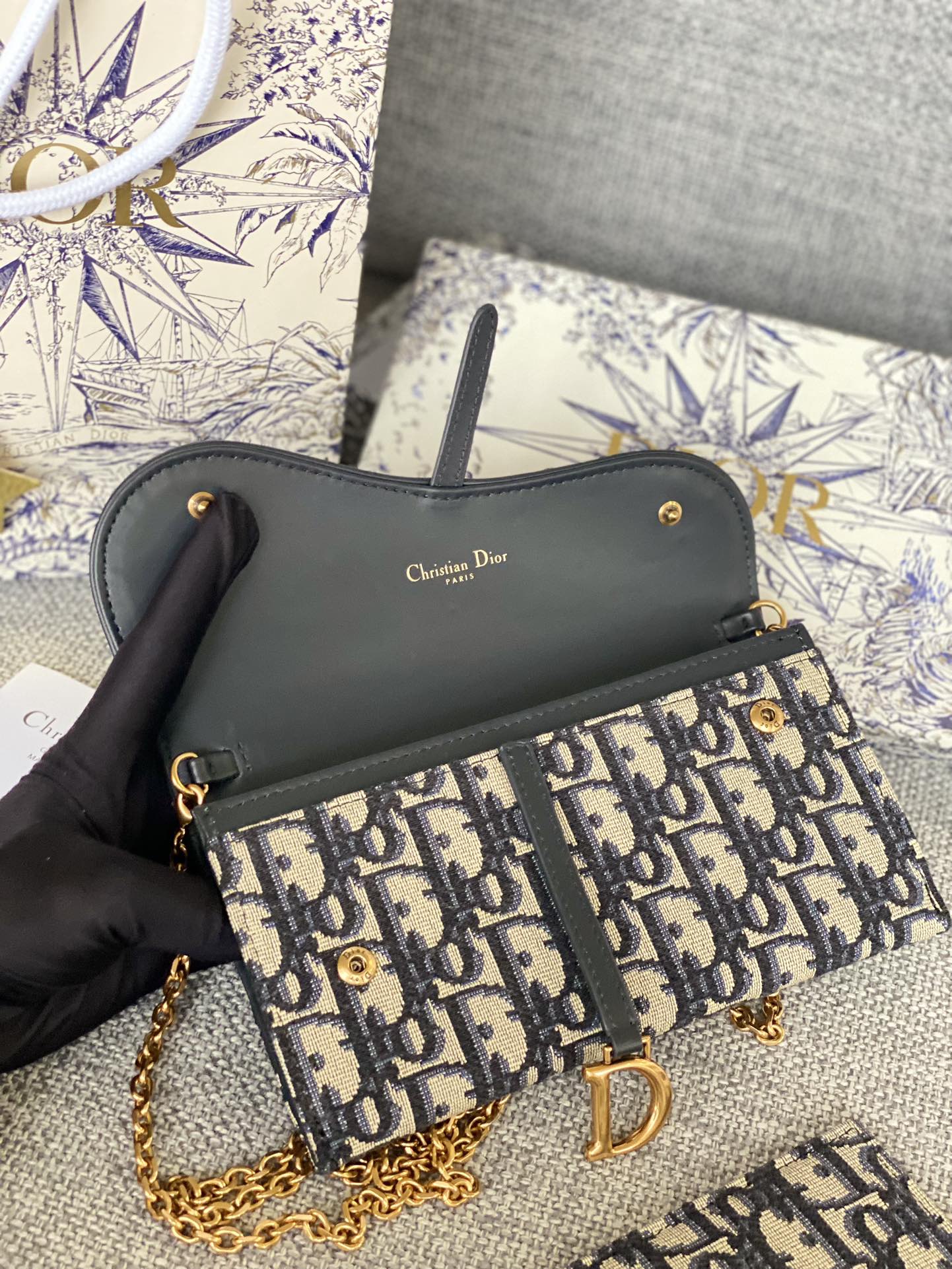Dior Vintage Monogram Jacquard Chain Shoulder Bag and Pouch Set