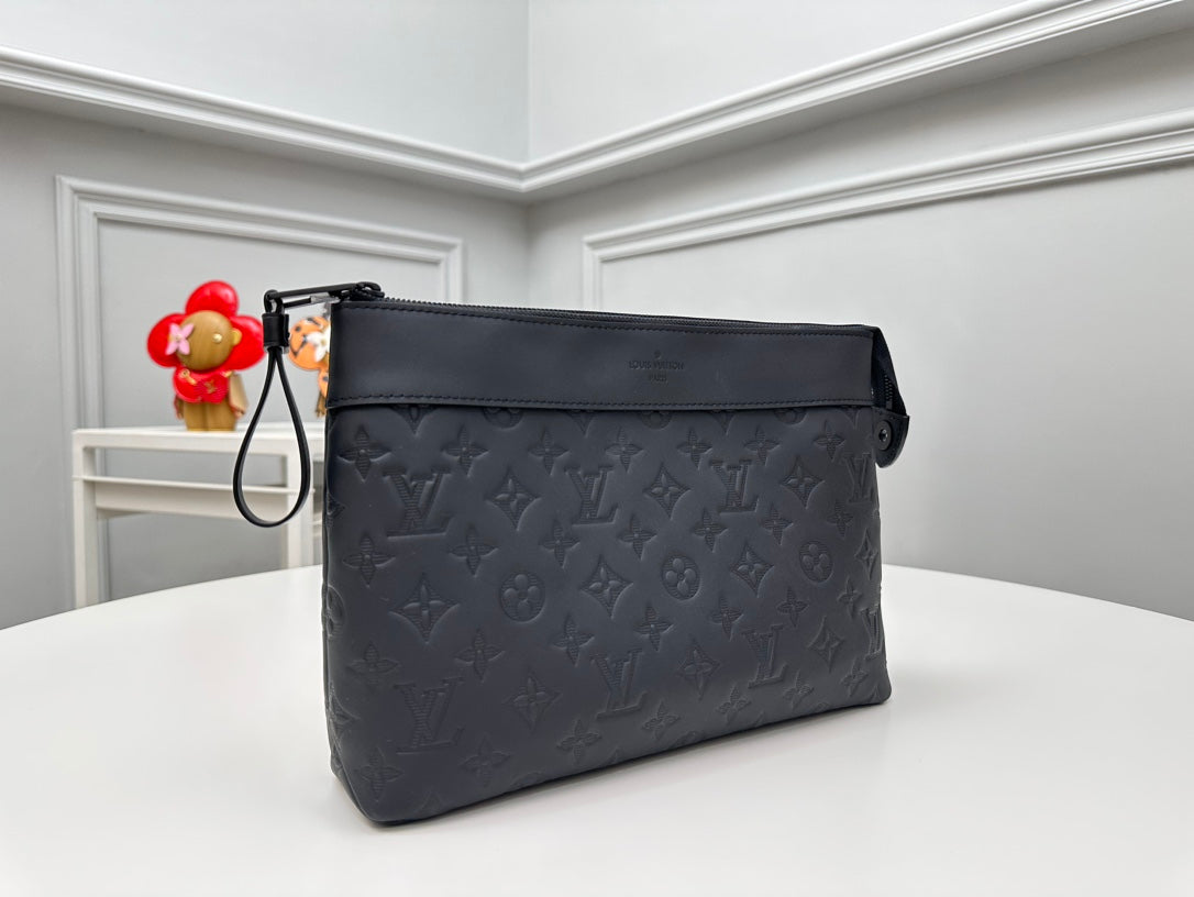 Louis Vuitton Black Embossed Leather Monogram Clutch Bag Zipper Pouch