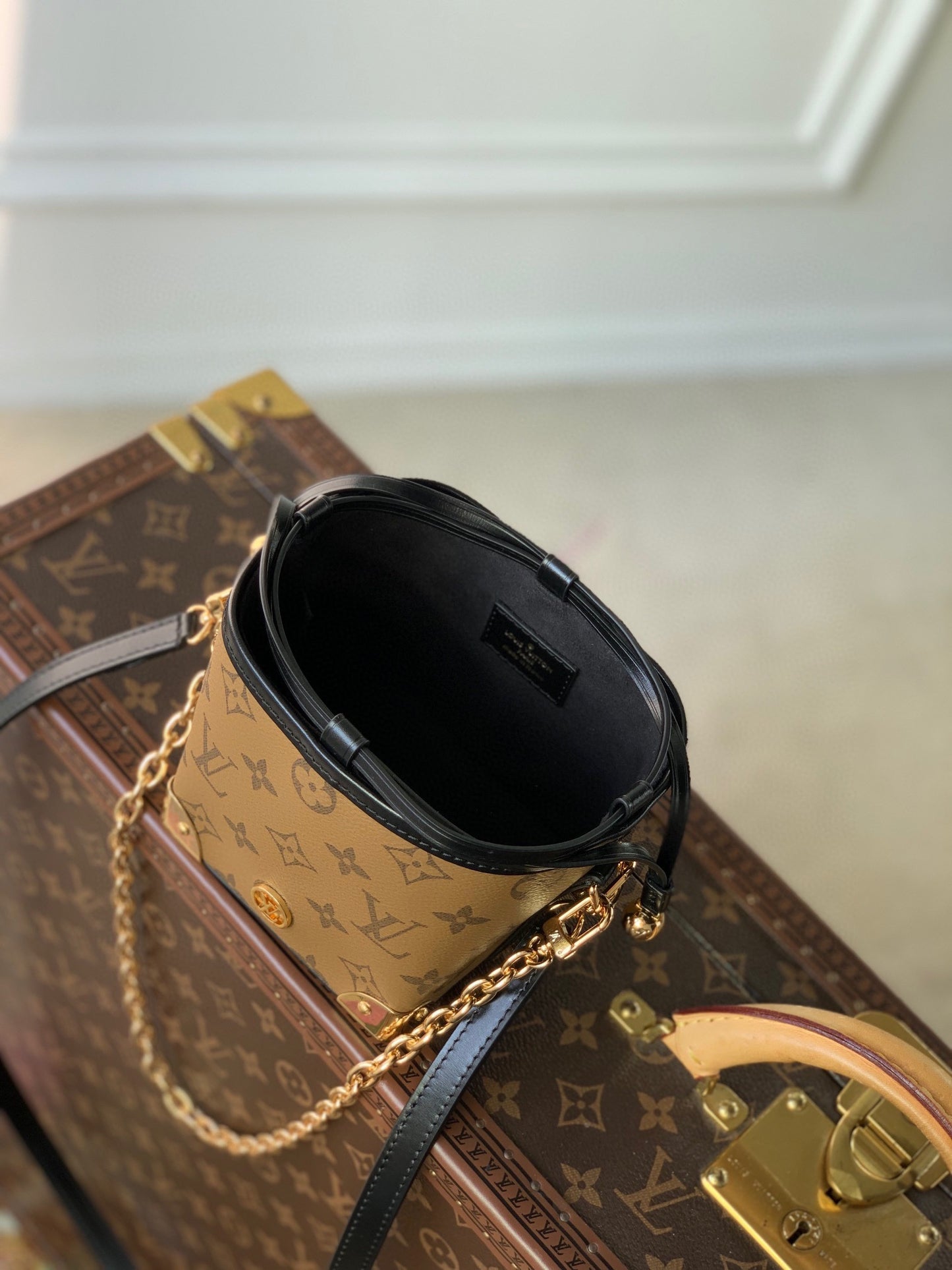 Louis Vuitton Brown Monogram Canvas Bucket Bag with Gold Chain and Leather Strap