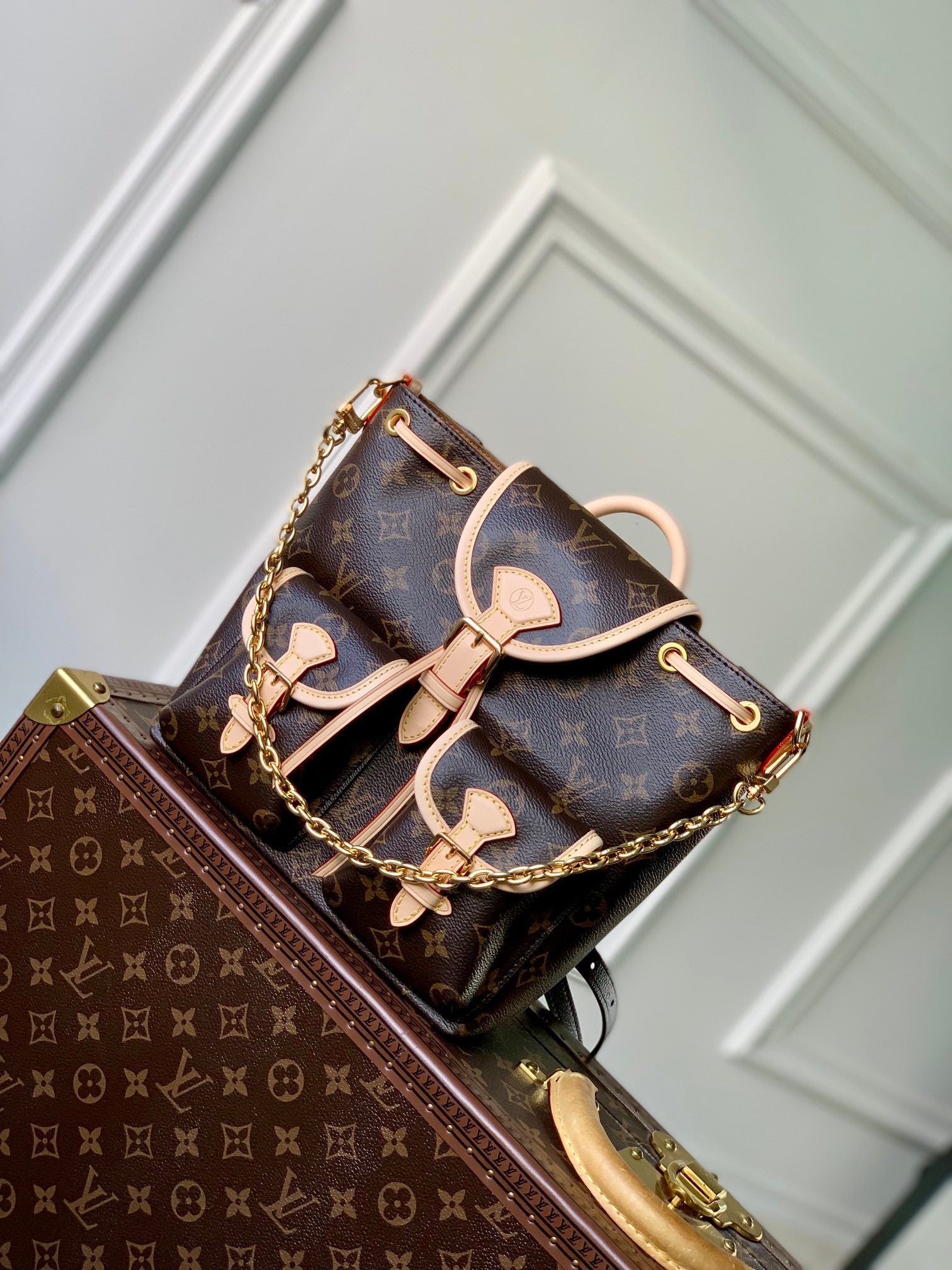 Louis Vuitton Vintage Brown Monogram Drawstring Backpack with Leather Trim