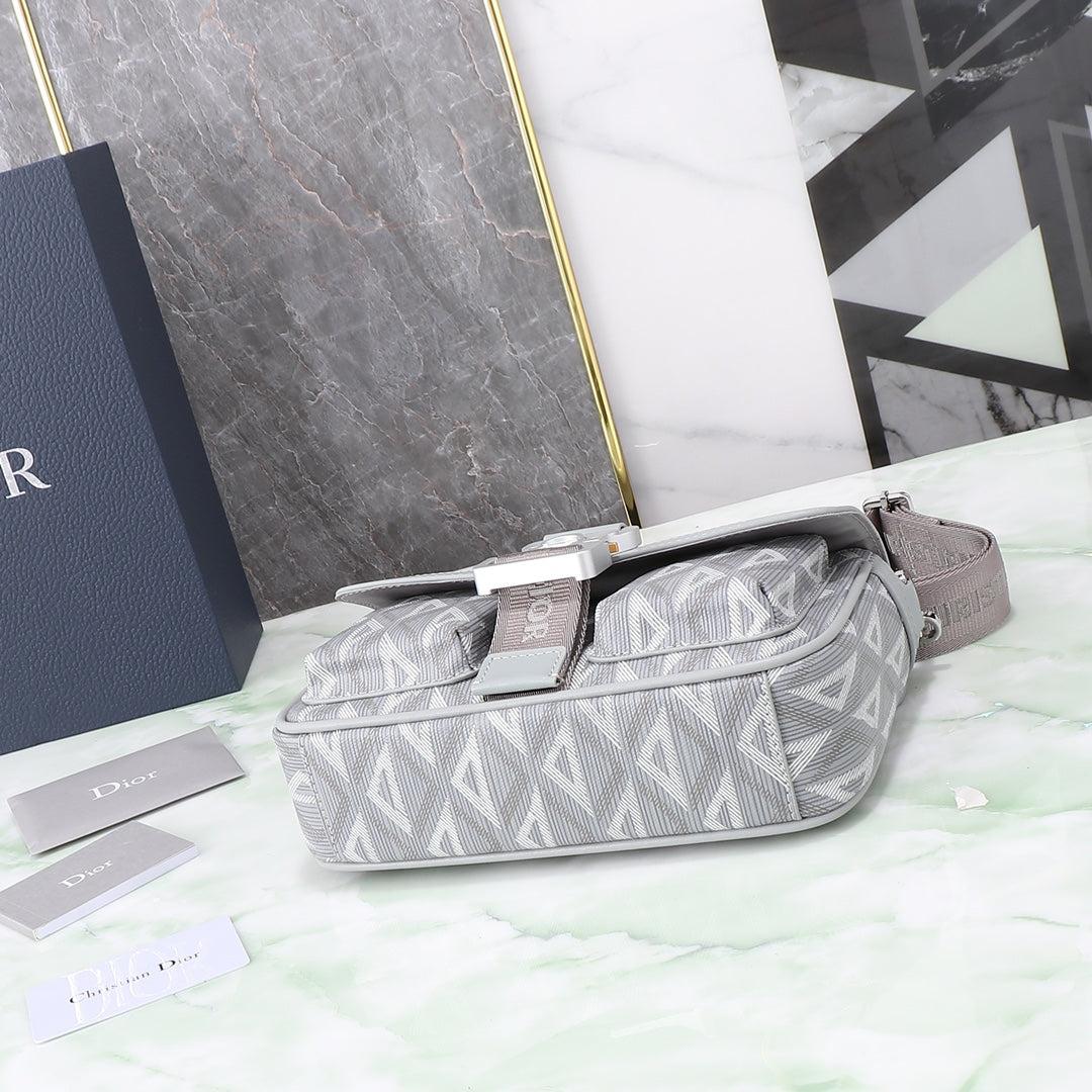 Dior Grey Geometric Print Crossbody Messenger Bag with Utility Buckle